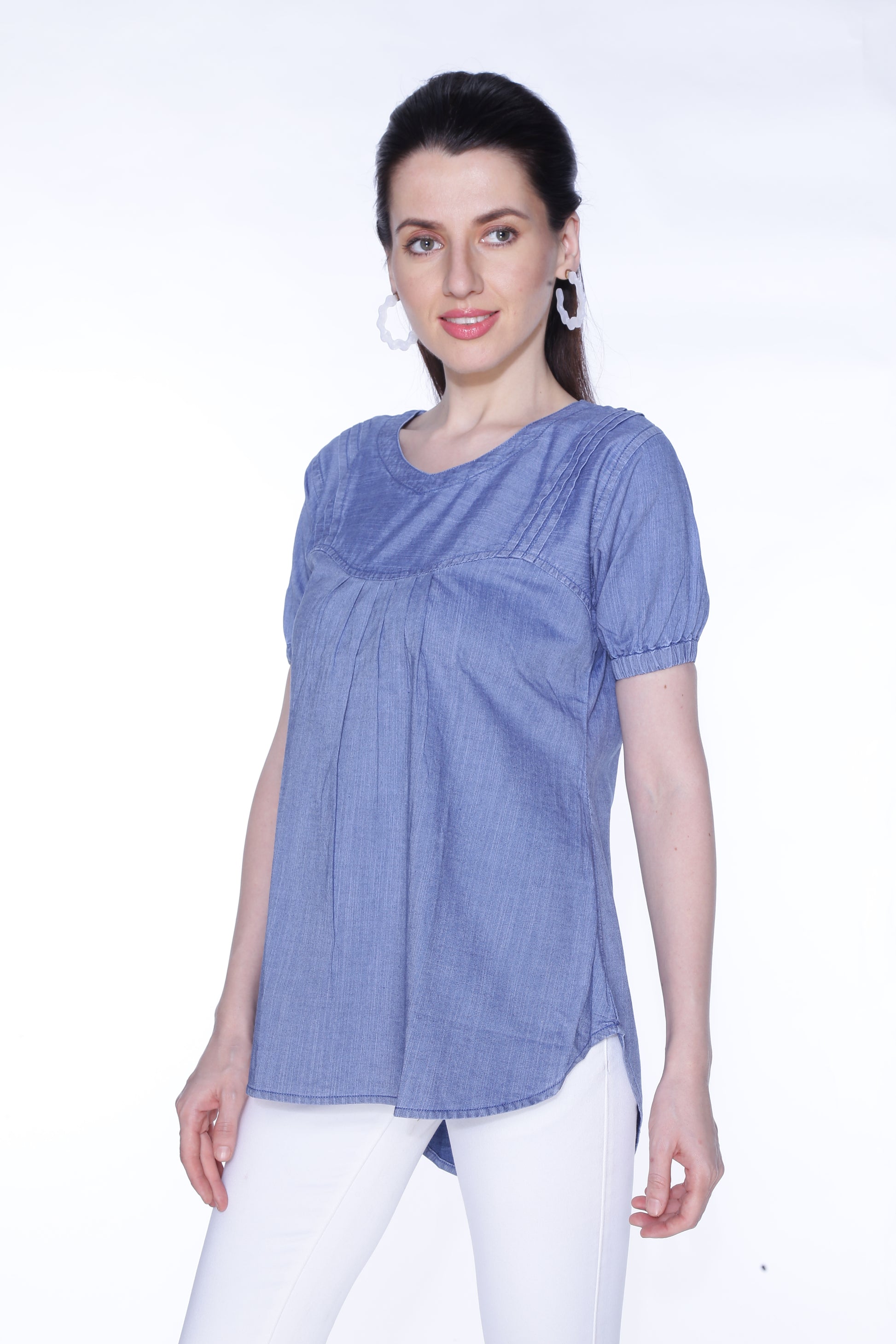 Side view of Cefalu®️ Women's Blue Denim Top, emphasizing the regular fit and sleeve length.