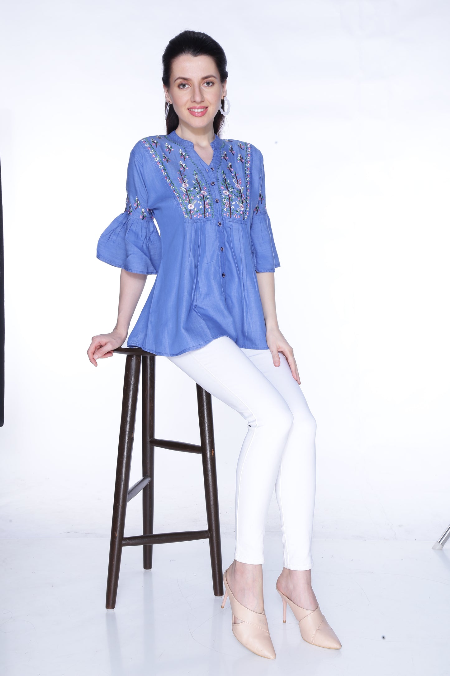 Full View of Cefalu®️ Women’s Bell Sleeves Embroidered Dark Blue Top on Model – Casual Look