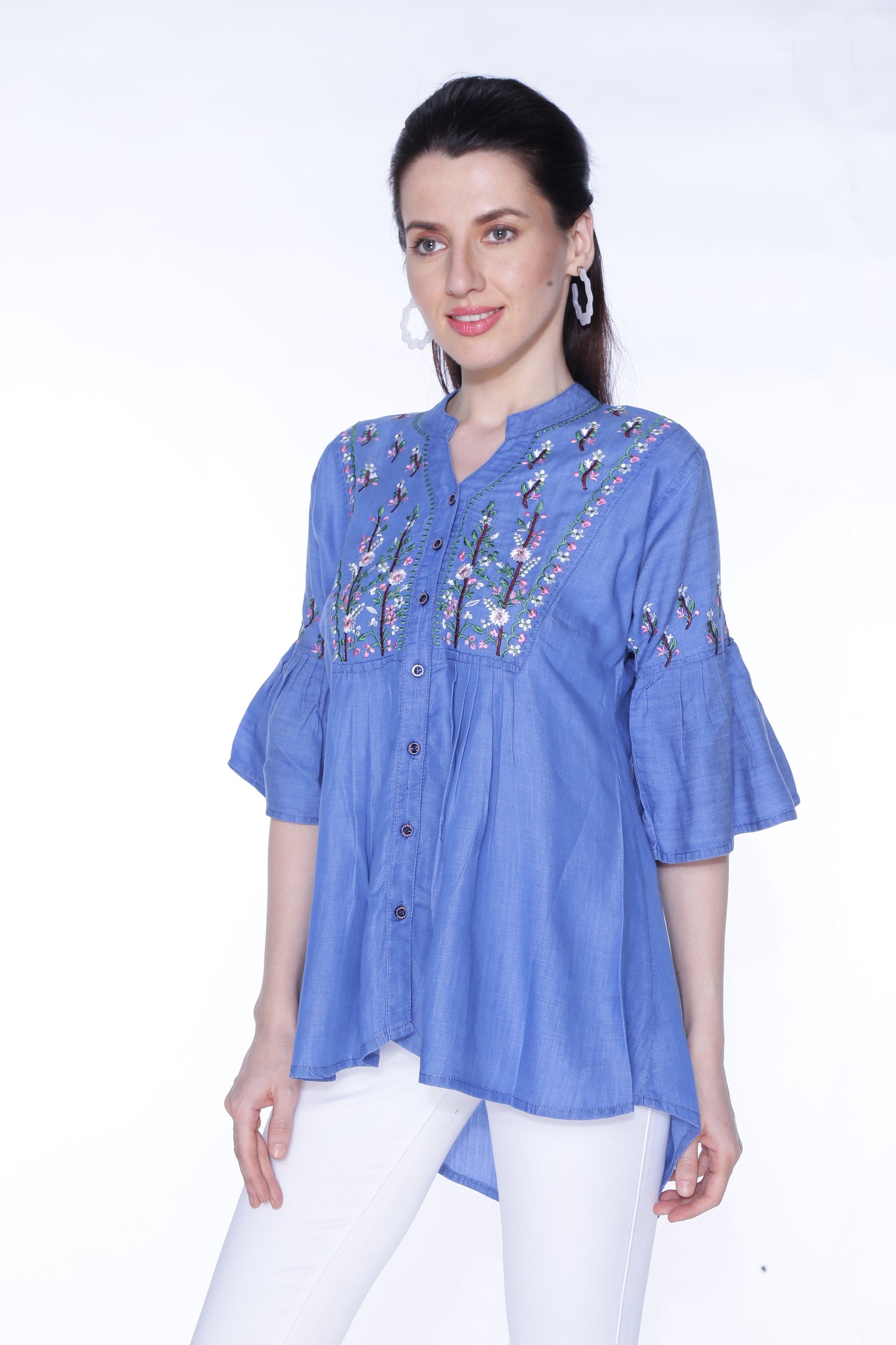 Cefalu®️ Women’s Bell Sleeves Embroidered Dark Blue Top – Side View Showing 3/4 Bell Sleeves