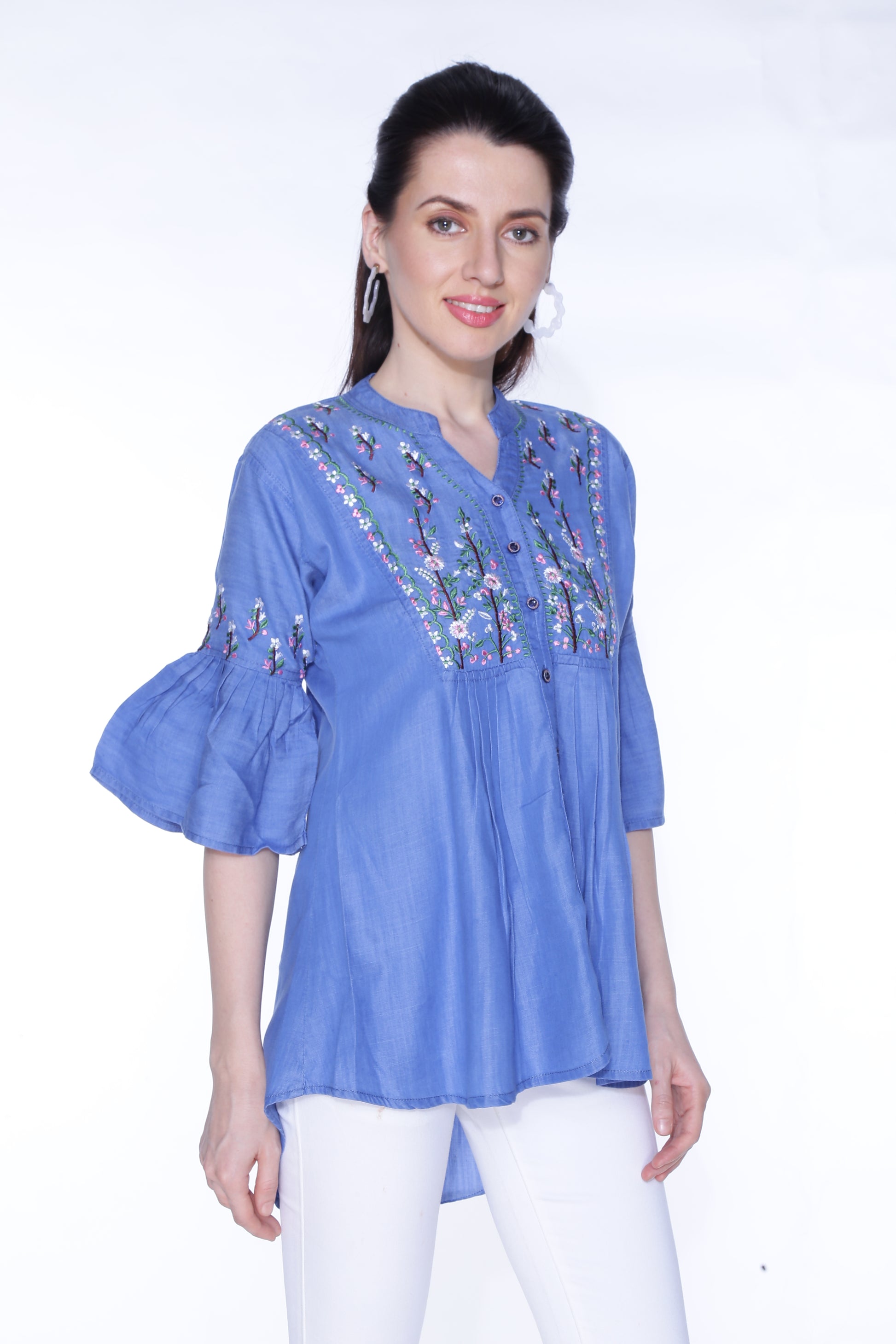 Cefalu®️ Women’s Bell Sleeves Embroidered Dark Blue Top – Side View Showing 3/4 Bell Sleeves