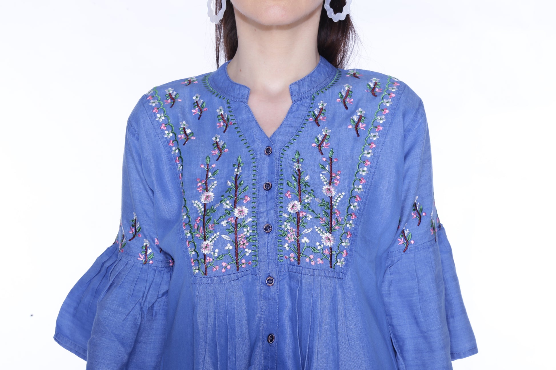 Close-Up of Cefalu®️ Women’s Bell Sleeves Embroidered Dark Blue Top – Embroidery Detail