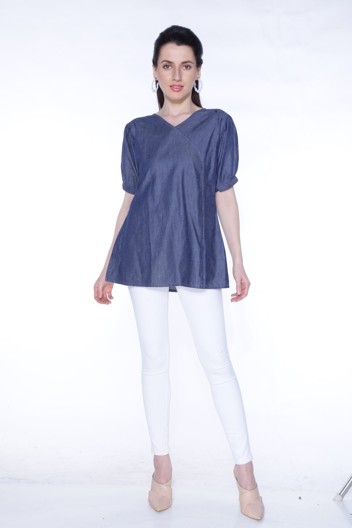 Cefalu®️ Women’s Blue Denim Top – Full View Model Wearing Top