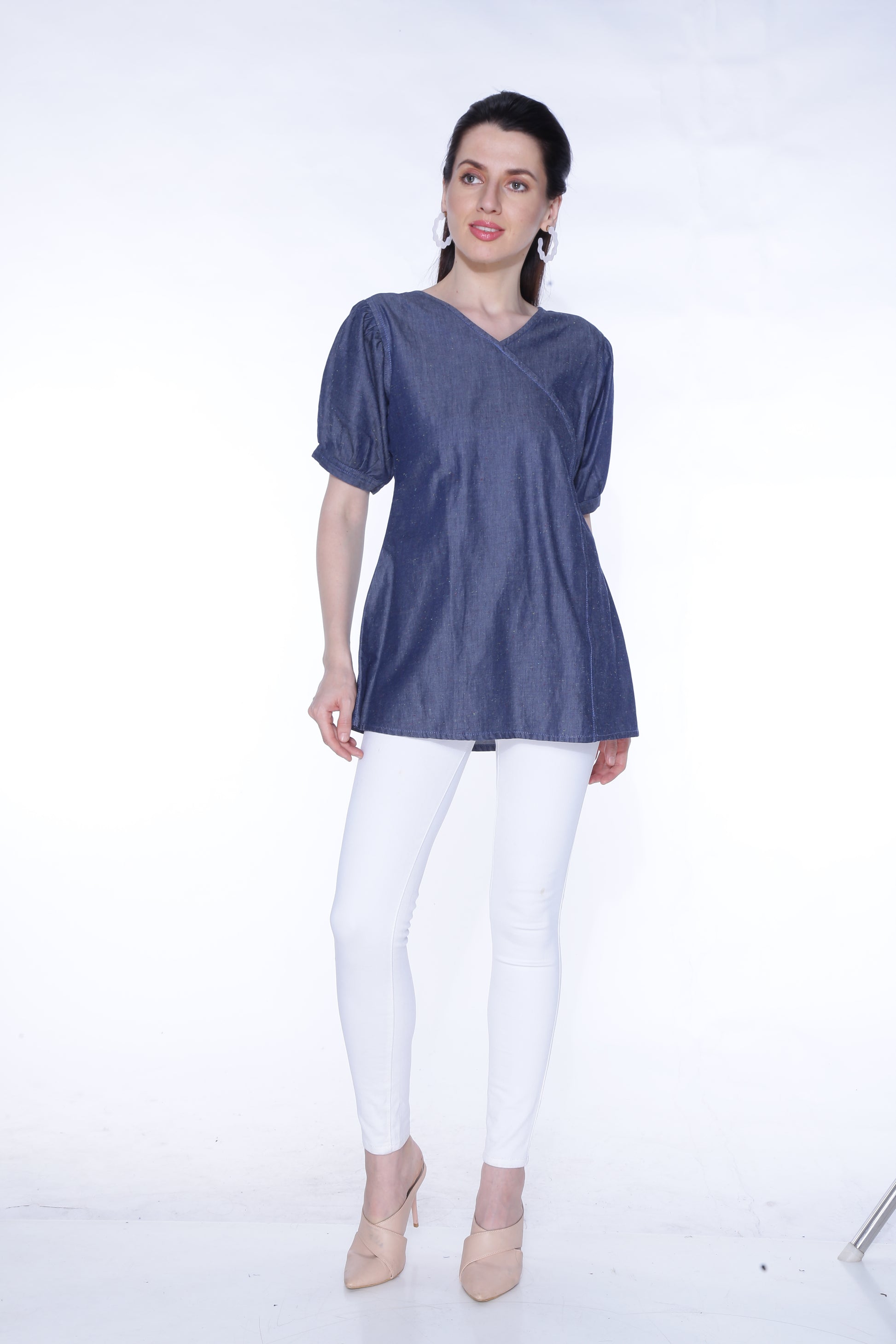 Cefalu®️ Women’s Blue Denim Top – Full View Model Wearing Top