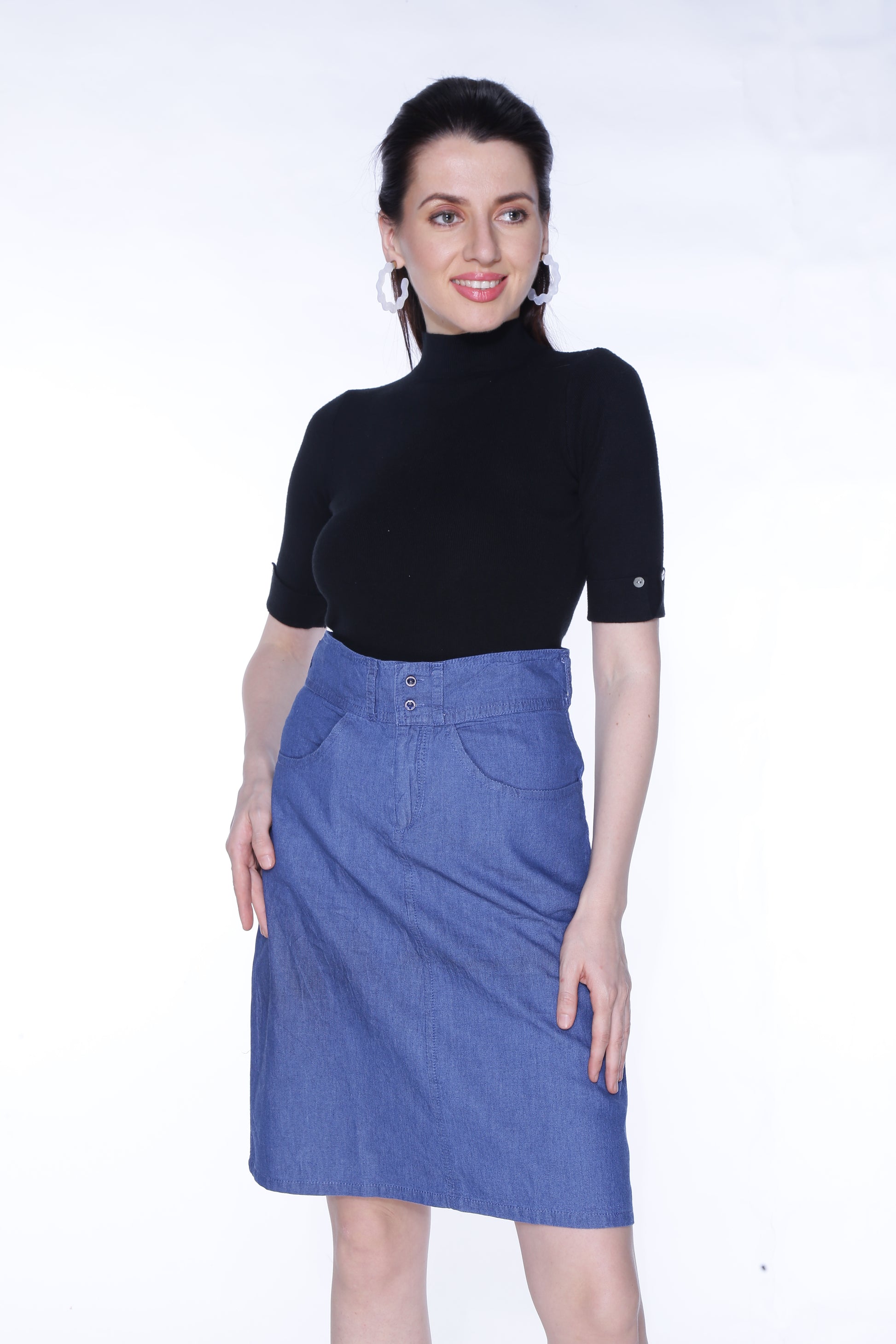 Full-length view of a model wearing Cefalu®️ Women’s Blue Denim Mini Skirt, demonstrating its flattering fit and trendy mini length.