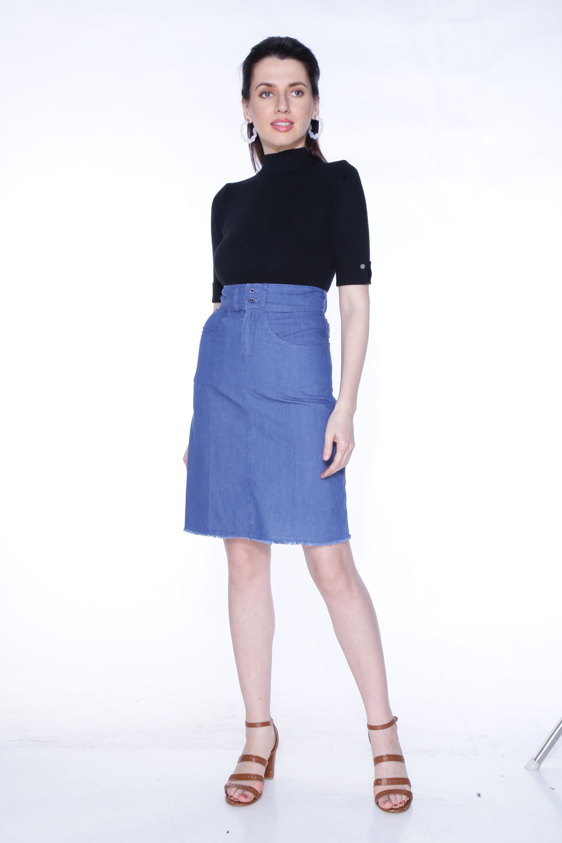 Full-length view of a model wearing Cefalu®️ Women’s Blue Denim Mini Skirt, demonstrating the flattering fit and modern design.