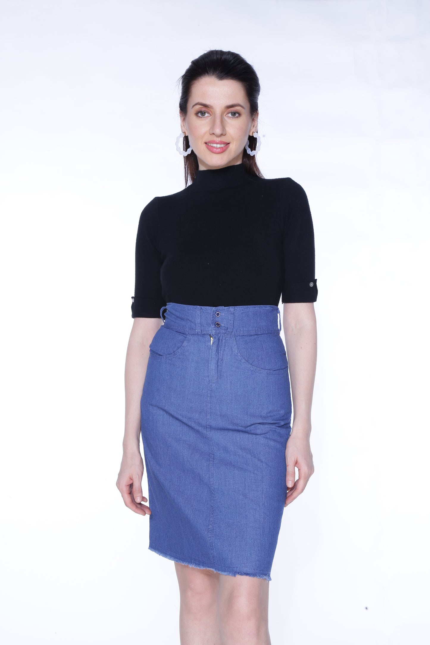 Front view of Cefalu®️ Women’s Blue Denim Mini Skirt, showing off the mini length, chain detail, and closures of button.