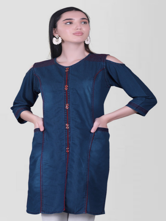 Cefalu®️ Women Solid Cotton Blend Straight Blue Kurta