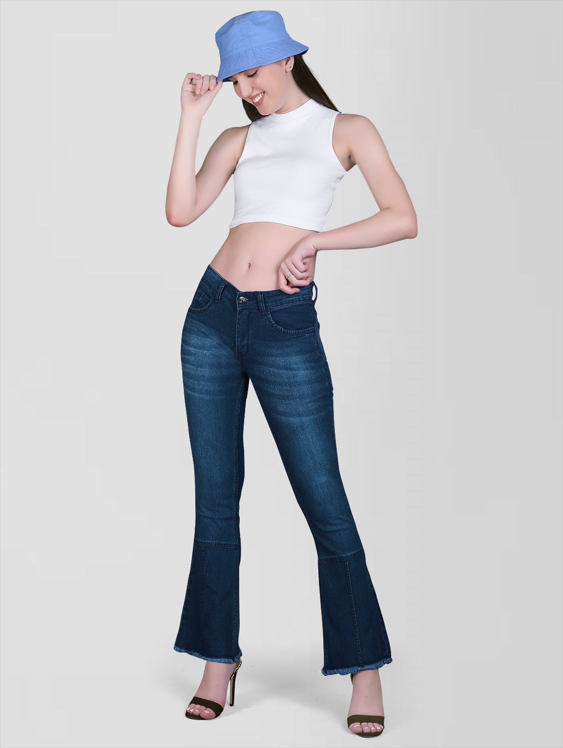 Full Model View Cefalu Regular Women Dark Blue Bootcut Jeans