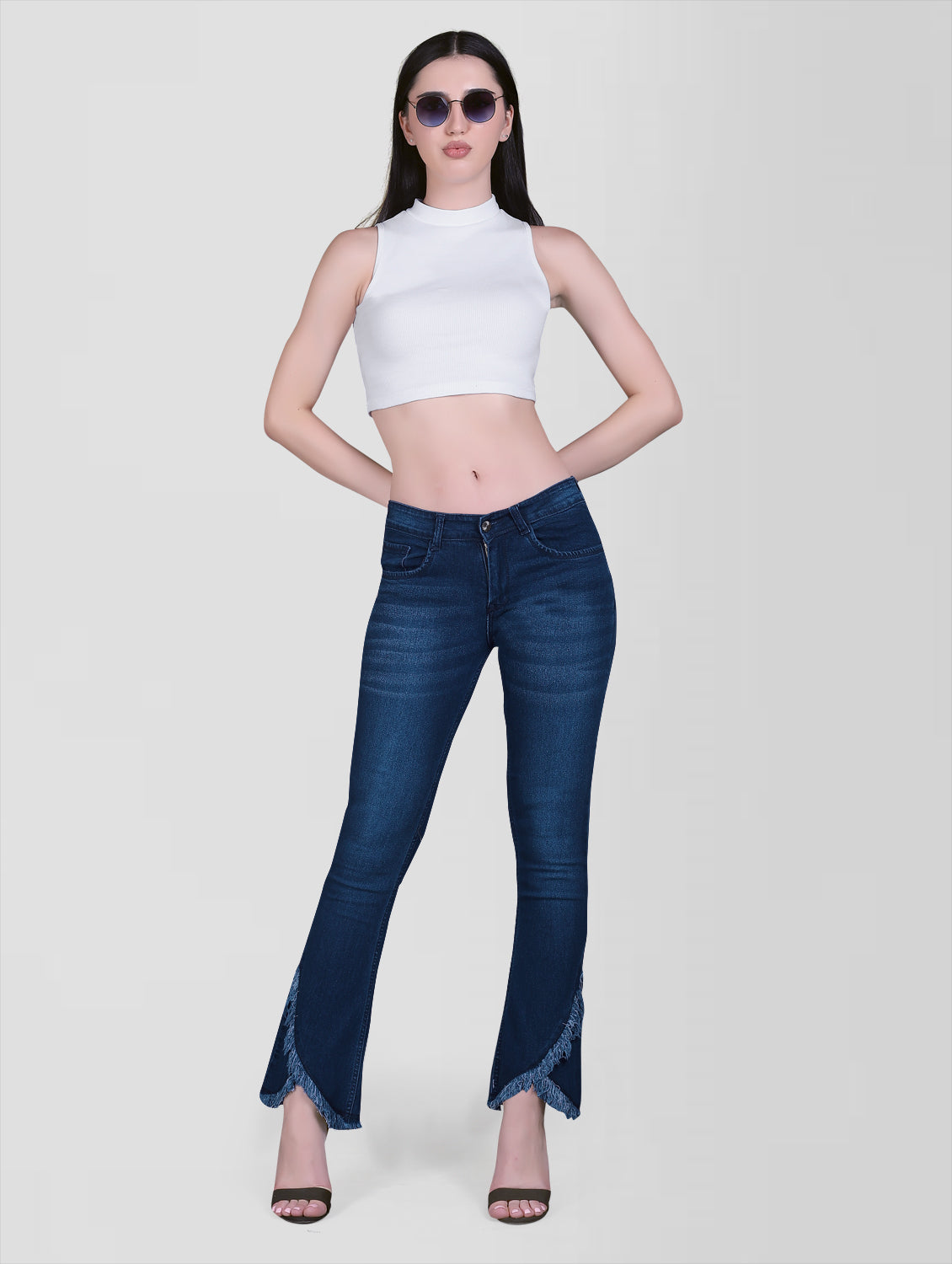 full casual model view of Cefalu Regular Women Mid Blue Bootcut Jeans