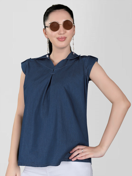 Cap Sleeves Women’s Dark Blue Casual Top - Full front view showing V-neck, cap sleeves, and half sleeves with luppi buttons.