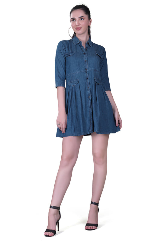 Full front view of Cefalu Women’s Blue Denim Dress, showcasing the fit & flare style and shirt collar.