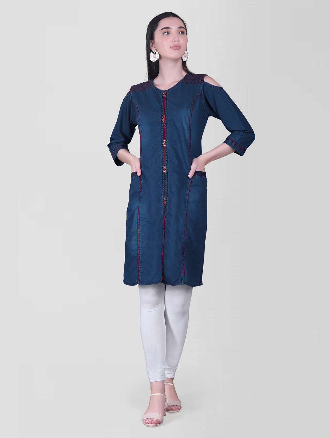 Cefalu®️ Women Solid Cotton Blend Straight Blue Kurta