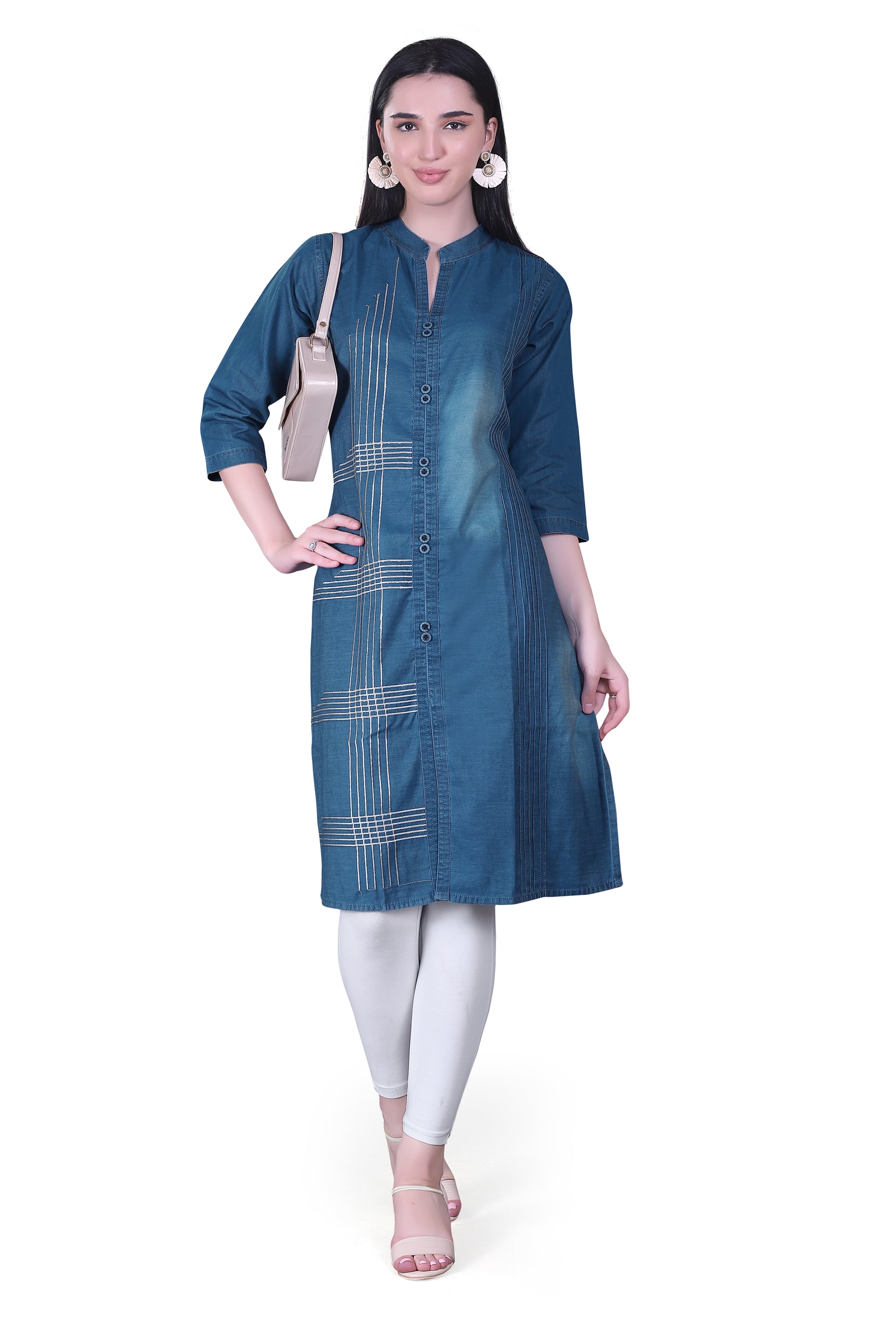 Full model view wearing Cefalu®️ Women’s Blue Denim Kurti, demonstrating the fit, style, and embroidery detail.