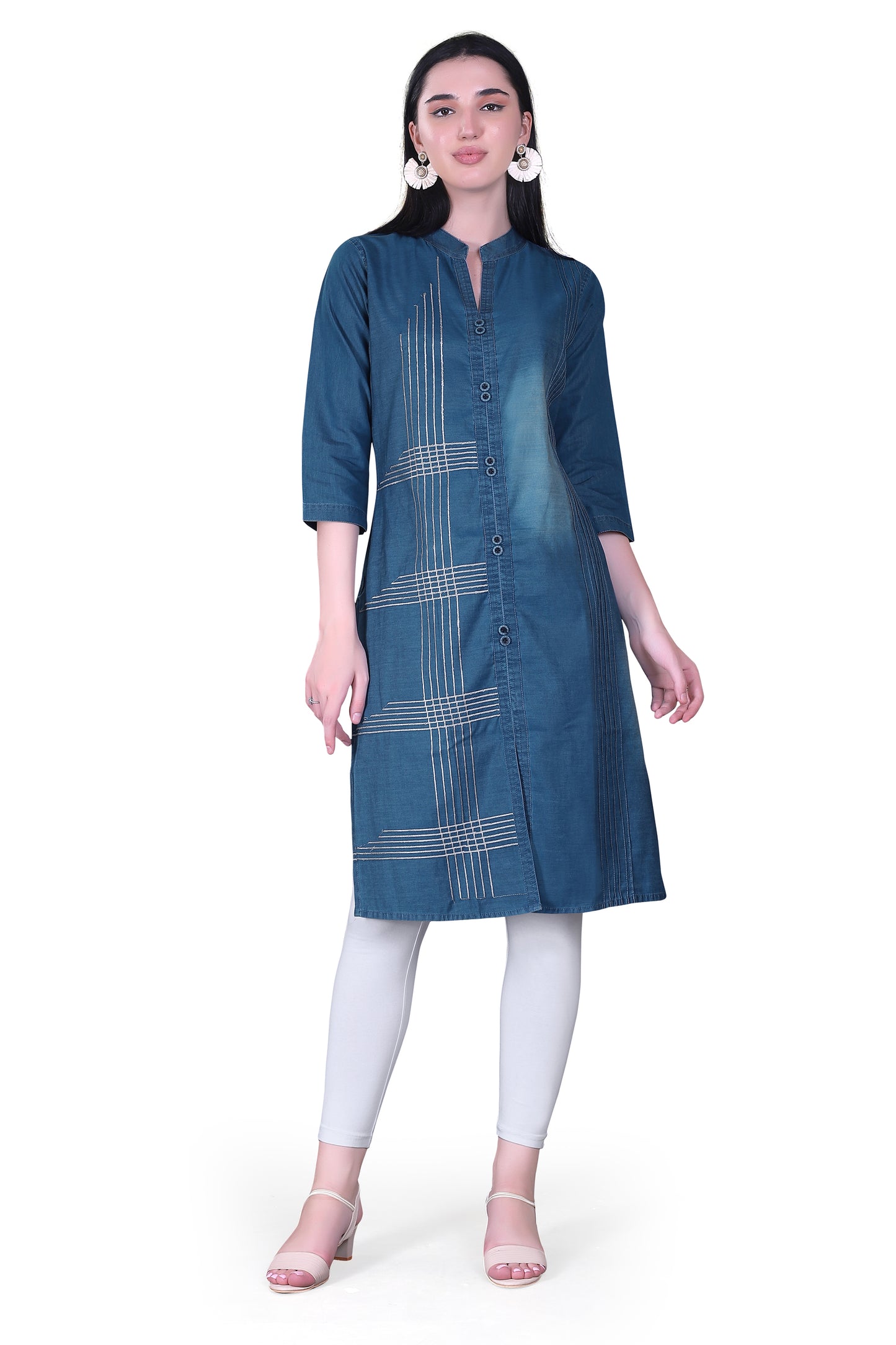 Front view of Cefalu®️ Women’s Blue Denim Kurti showcasing the elegant embroidery and Mandarin collar.