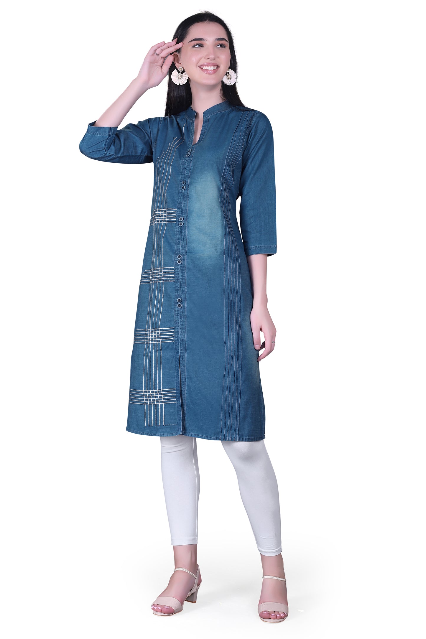 Left side view of Cefalu®️ Women’s Blue Denim Kurti, emphasizing the straight cut and sleeve design.