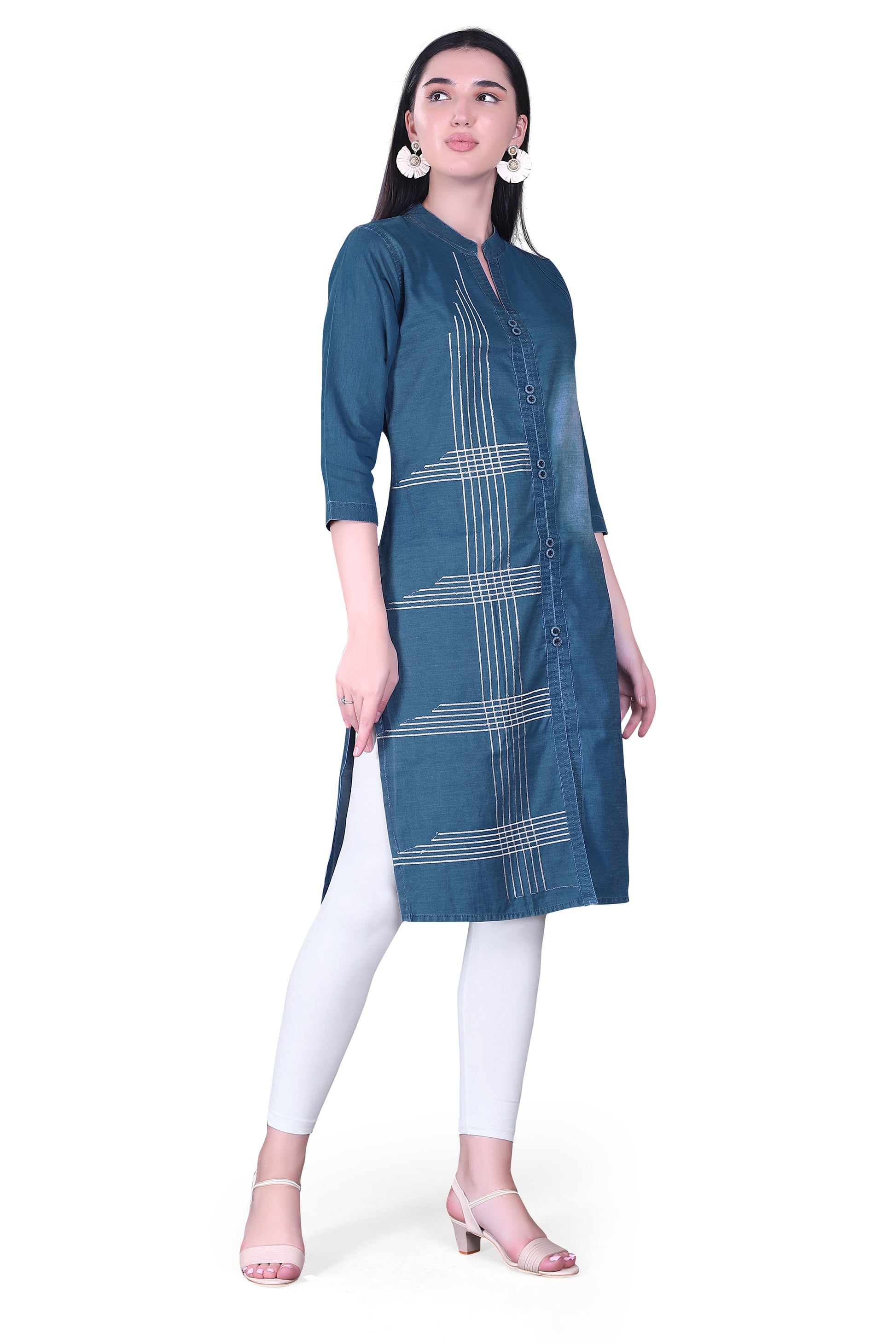 Right side view of Cefalu®️ Women’s Blue Denim Kurti, featuring the mandarin collar and embroidery.