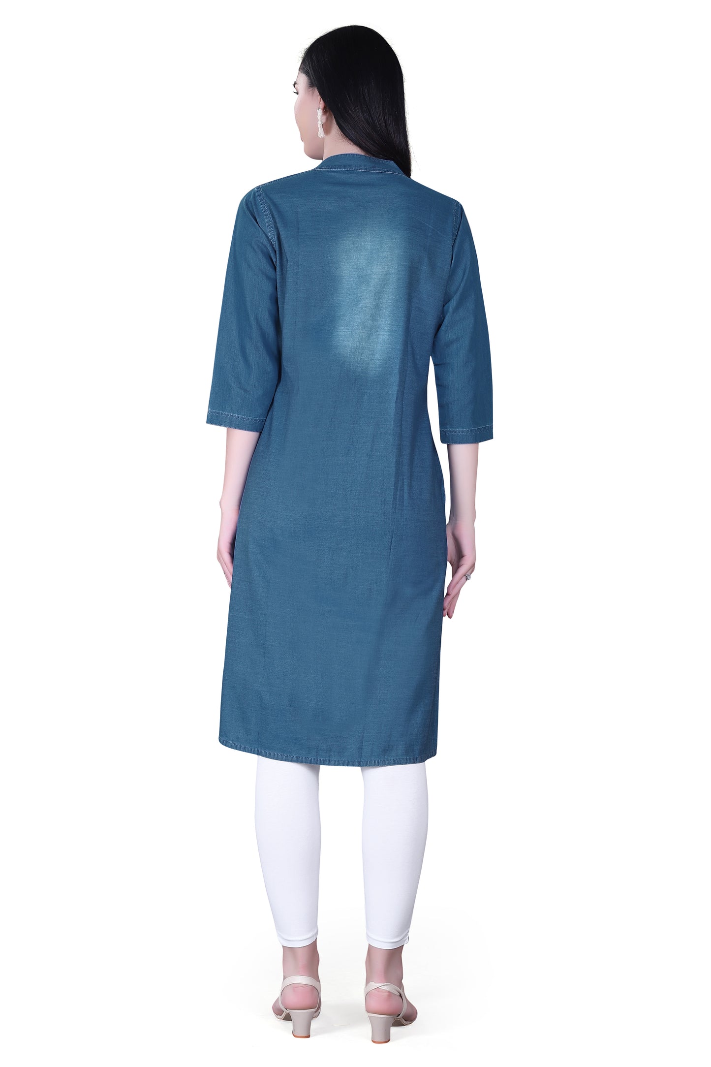 Back view of Cefalu®️ Women’s Blue Denim Kurti, showing the overall length and fit.