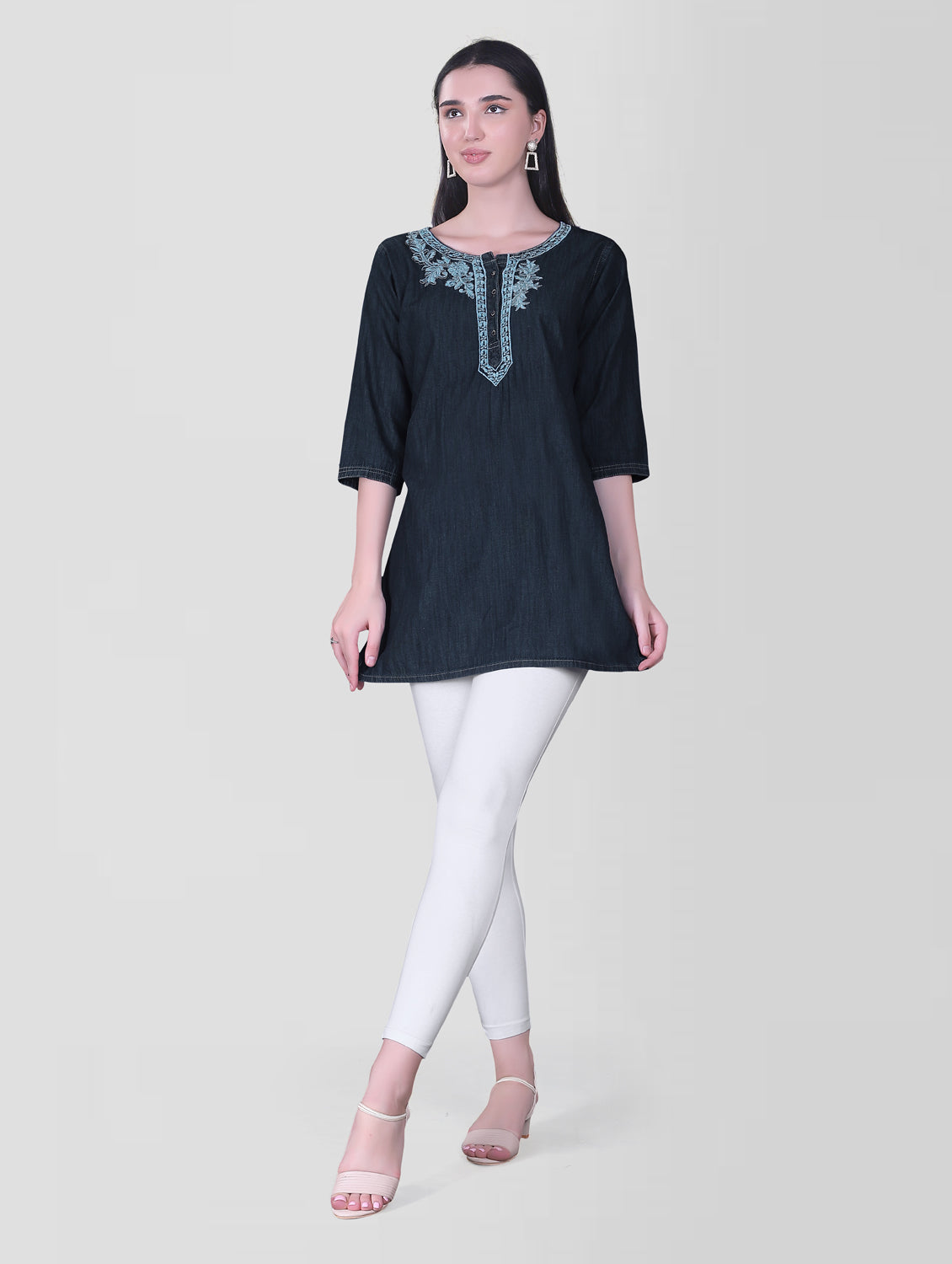 Front view of Cefalu®️ Women's Dark Blue Denim Kurti, featuring a round neck, 3/4 sleeves, and blue embroidery detail.