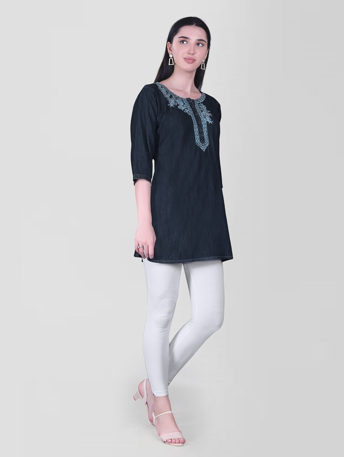 Side view of Cefalu®️ Women's Dark Blue Denim Kurti, emphasizing the straight cut and 3/4 sleeves.