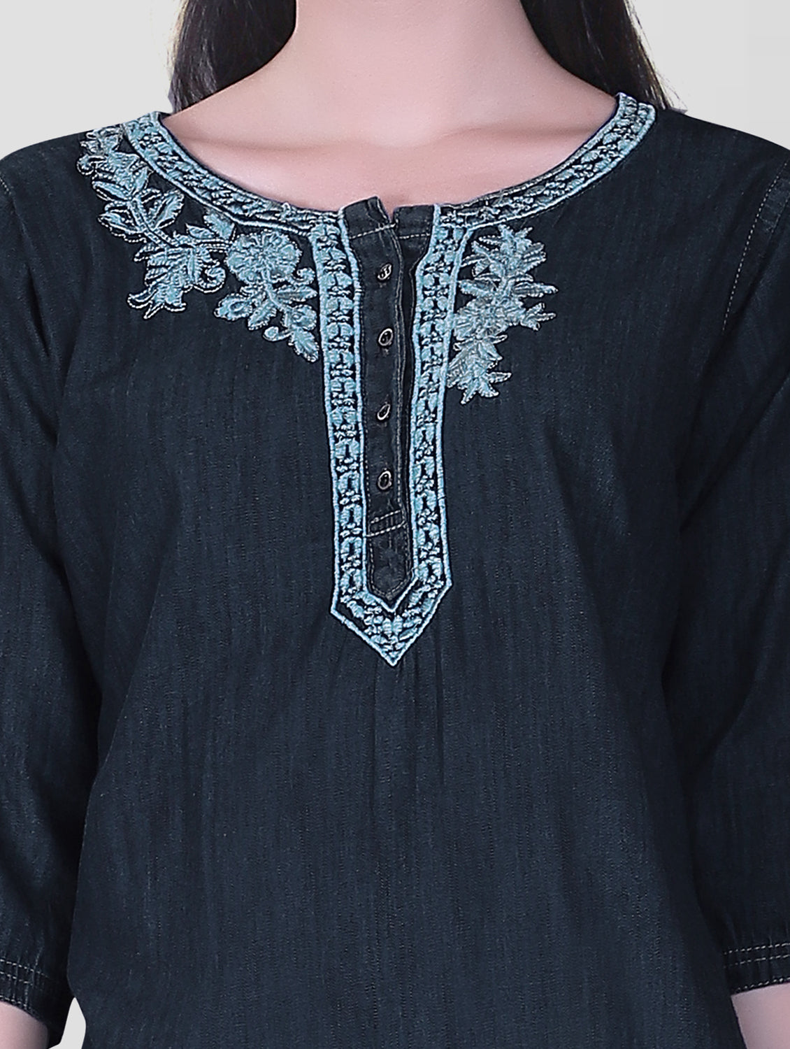 Close-up of blue embroidery on the neckline of Cefalu®️ Women's Dark Blue Denim Kurti, highlighting the intricate design.