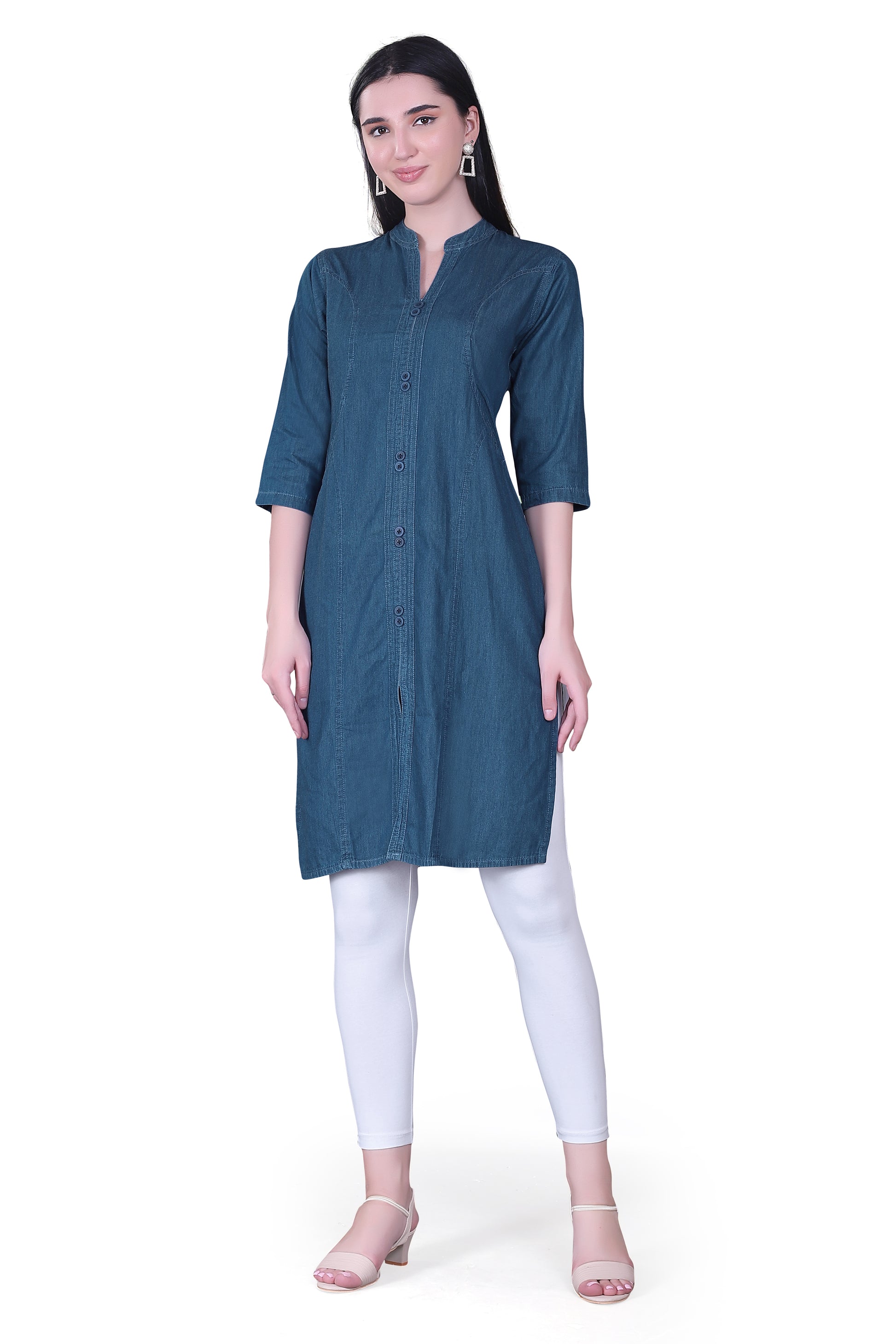 Front view of Cefalu®️ Women’s Blue Denim Kurti, showcasing the mandarin collar and button details.