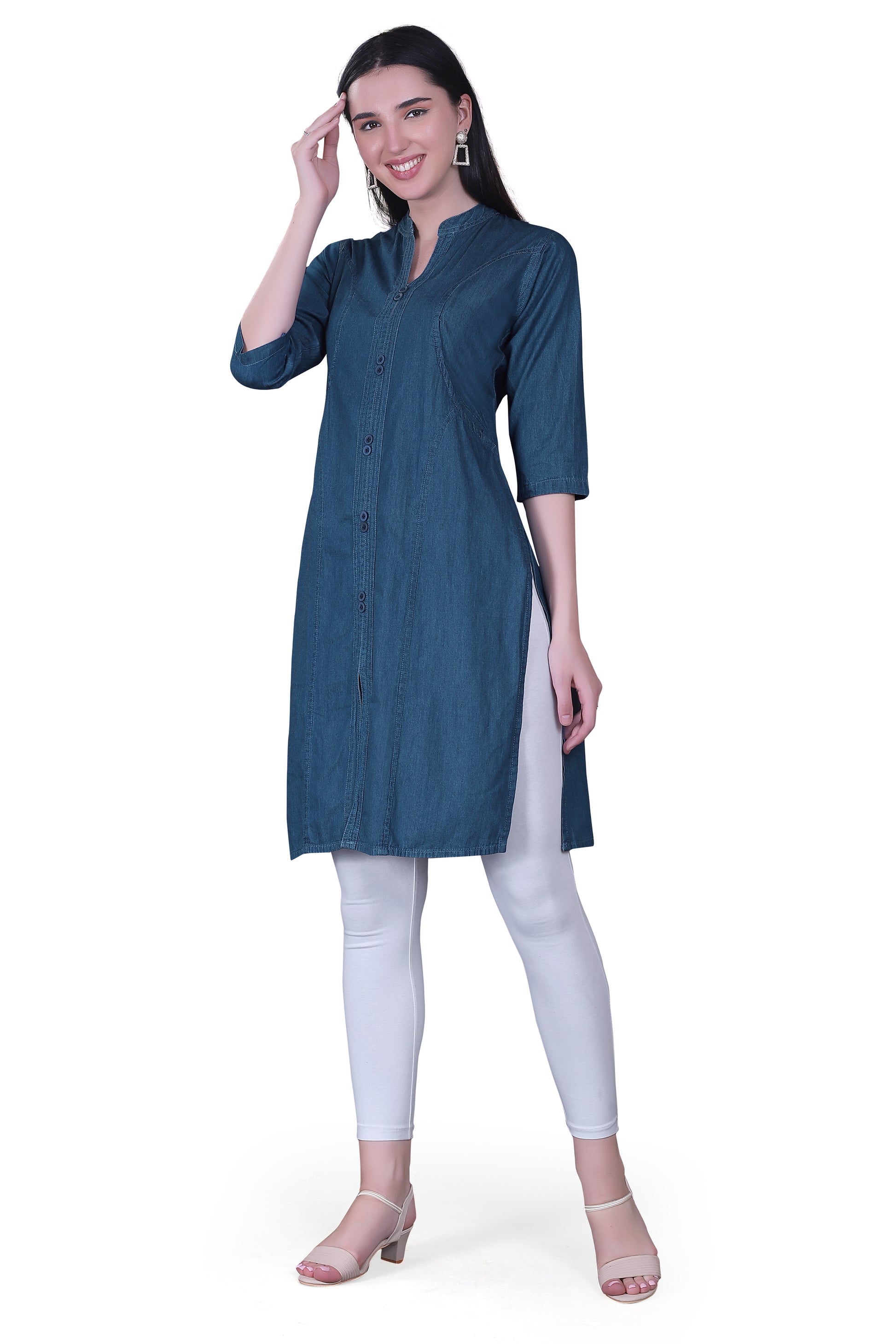 Full model view wearing Cefalu®️ Women’s Blue Denim Kurti, demonstrating the fit, style, and color.