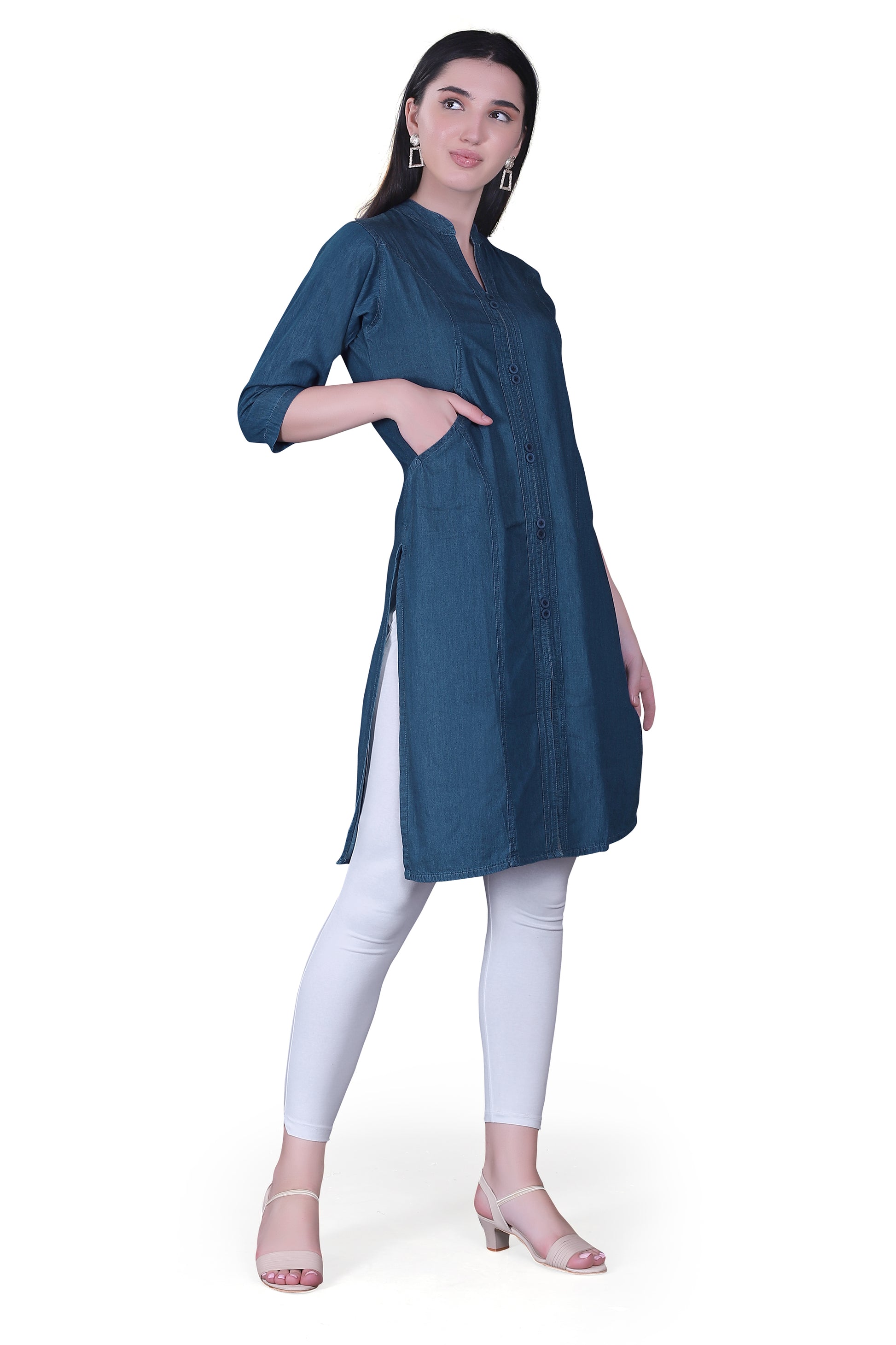 Right side view of Cefalu®️ Women’s Blue Denim Kurti, showing the button details and straight fit.