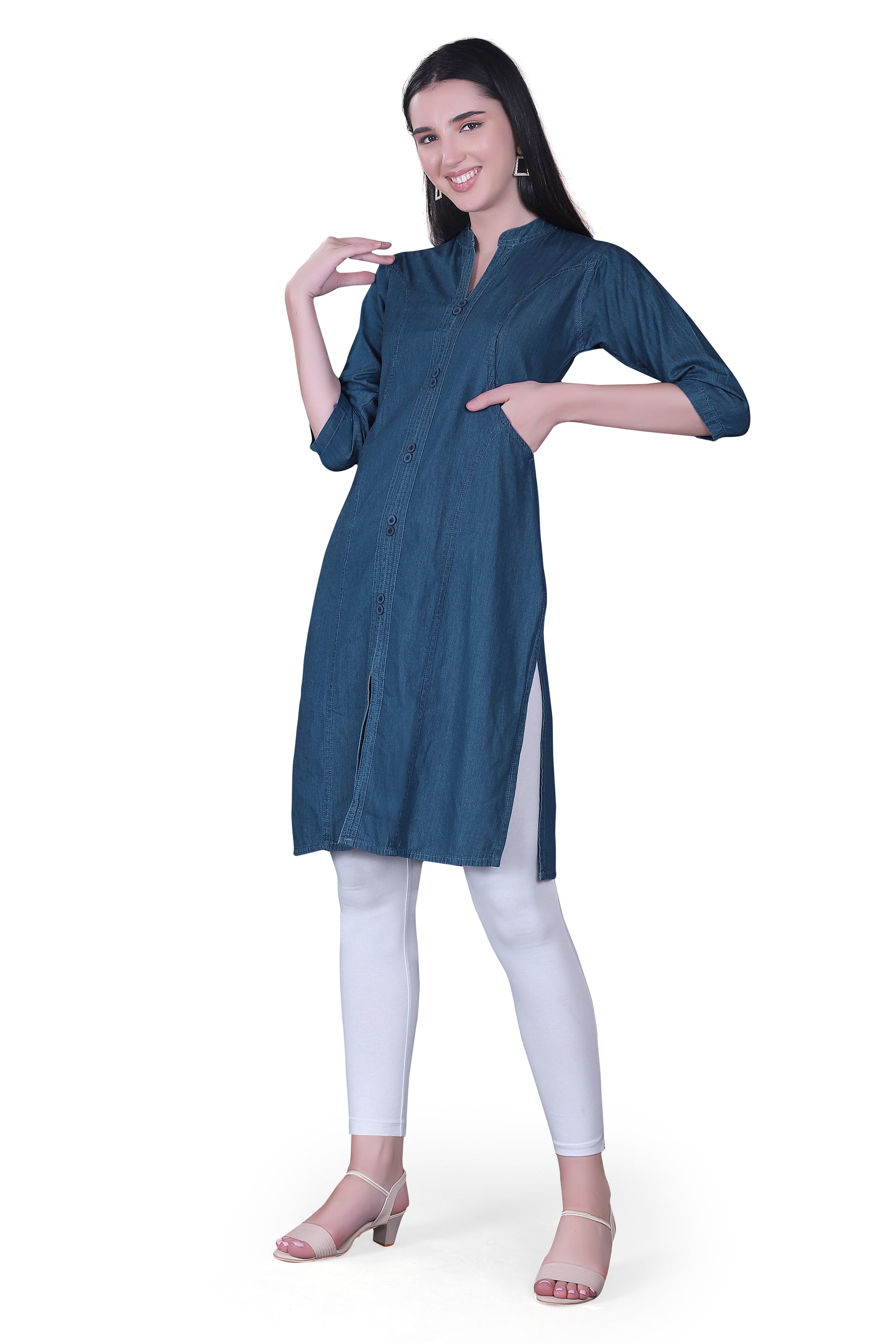 Left side view of Cefalu®️ Women’s Blue Denim Kurti, emphasizing the 3/4 sleeves and overall design.