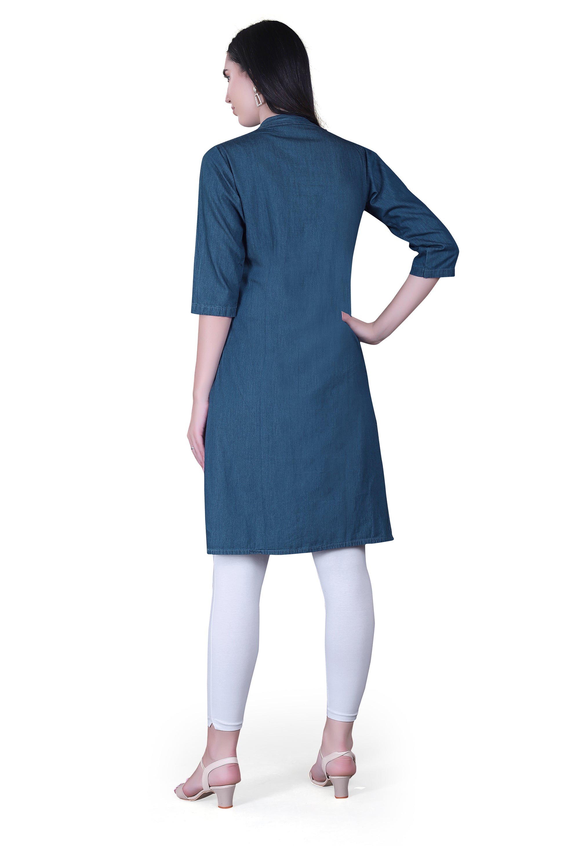 Back view of Cefalu®️ Women’s Blue Denim Kurti, highlighting the straight cut and calf length.