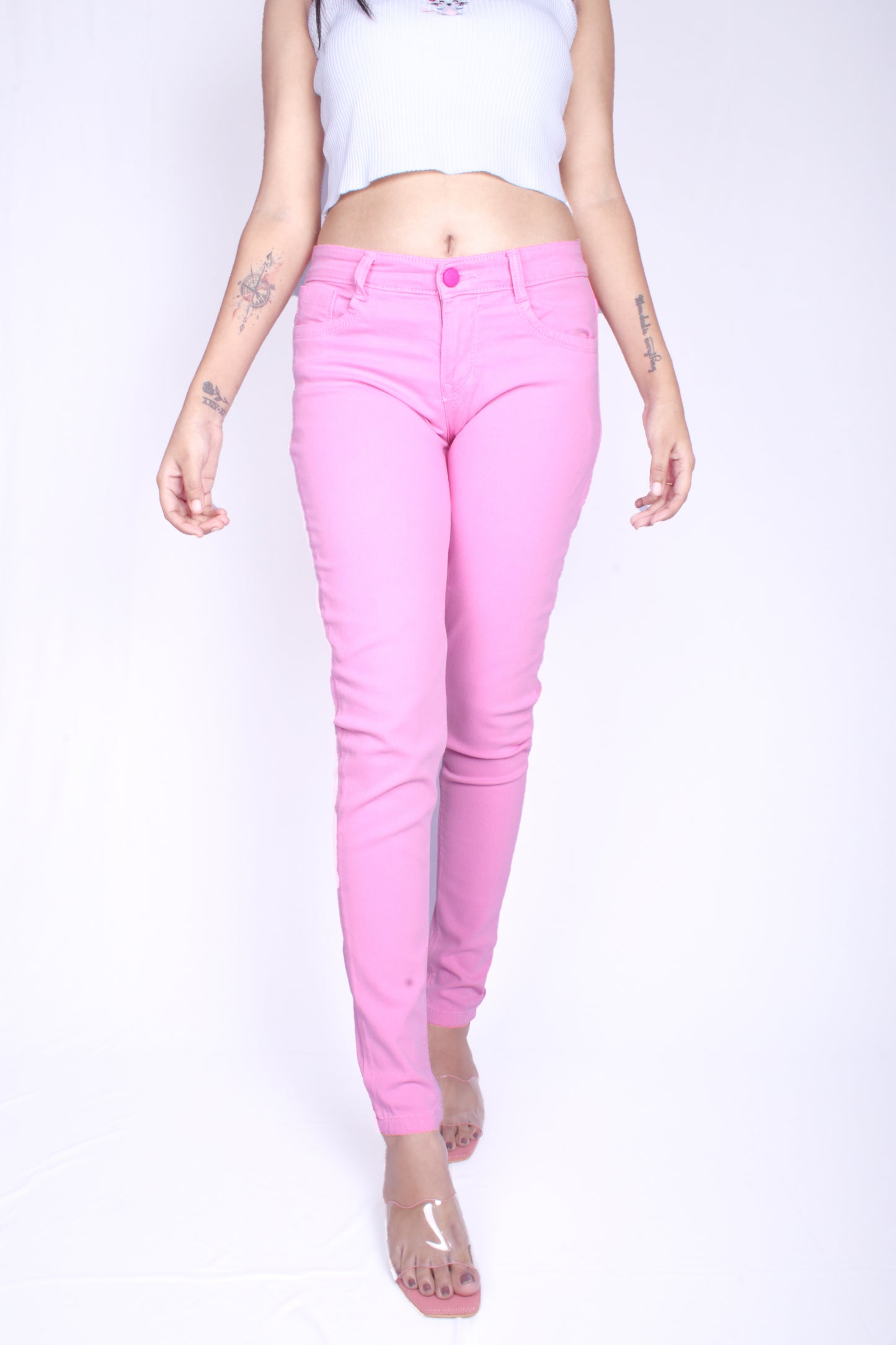 Front view of Cefalu®️ Women’s Pink Slim Fit Jeans, highlighting the slim fit and patch pockets.