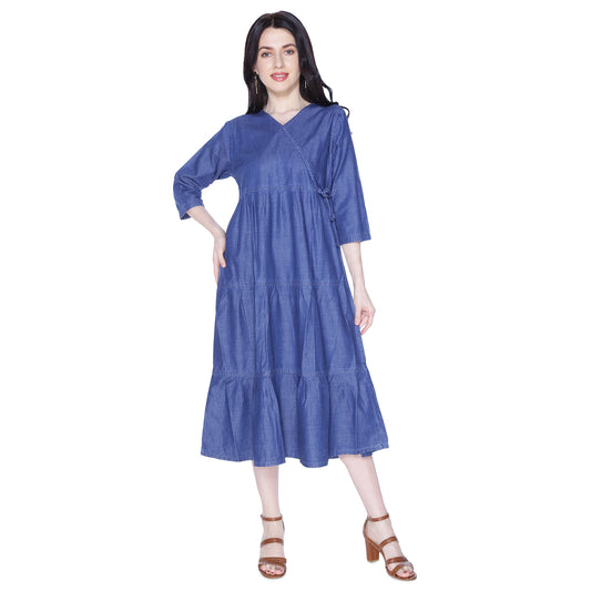 Front view of Cefalu®️ Women’s Blue Denim Cotton Dress, showcasing the V-neck, 3/4 sleeves, and fit-and-flare silhouette.