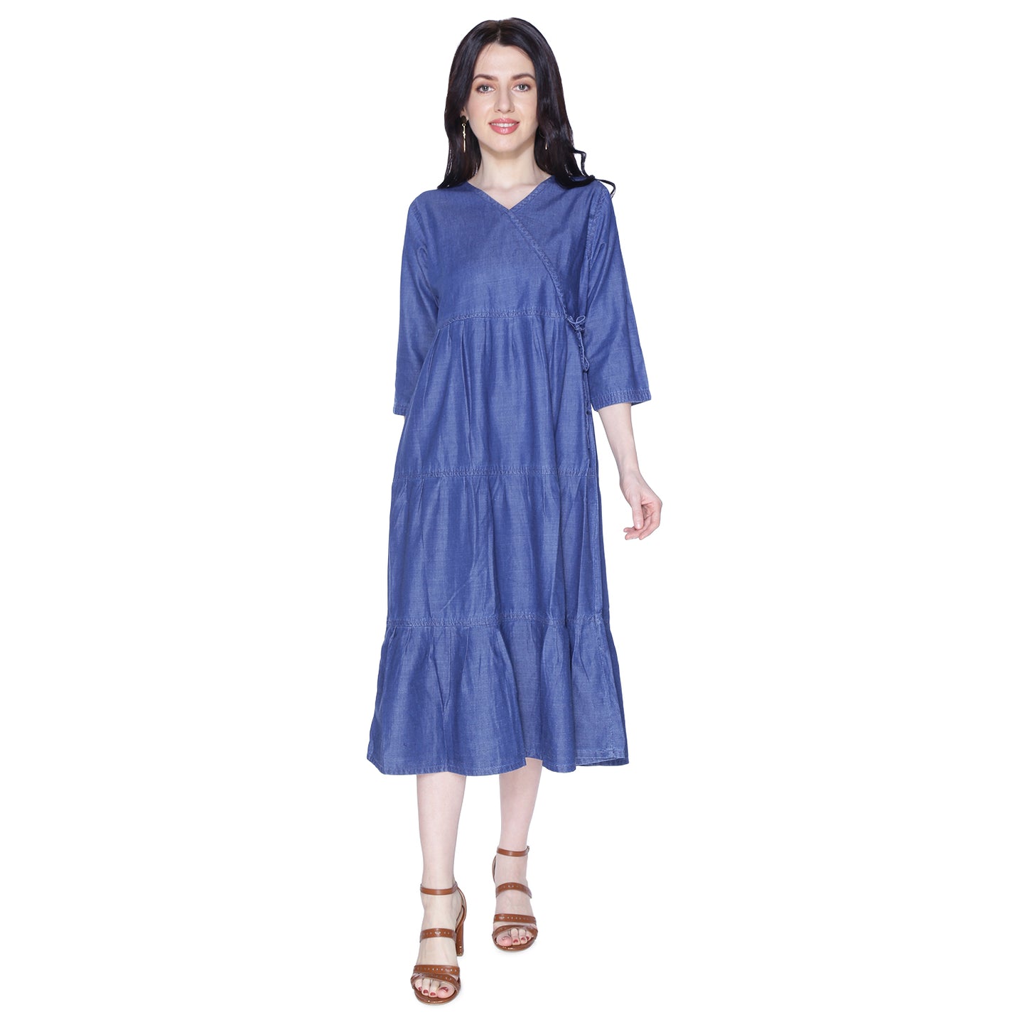 Full-length view of a model wearing Cefalu®️ Women’s Blue Denim Cotton Dress, demonstrating its elegant fit and stylish details.