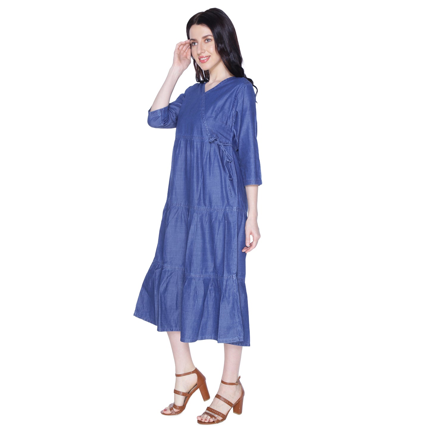 Side view of Cefalu®️ Women’s Blue Denim Cotton Dress, focusing on the flowy Anarkali design and 3/4 sleeves.