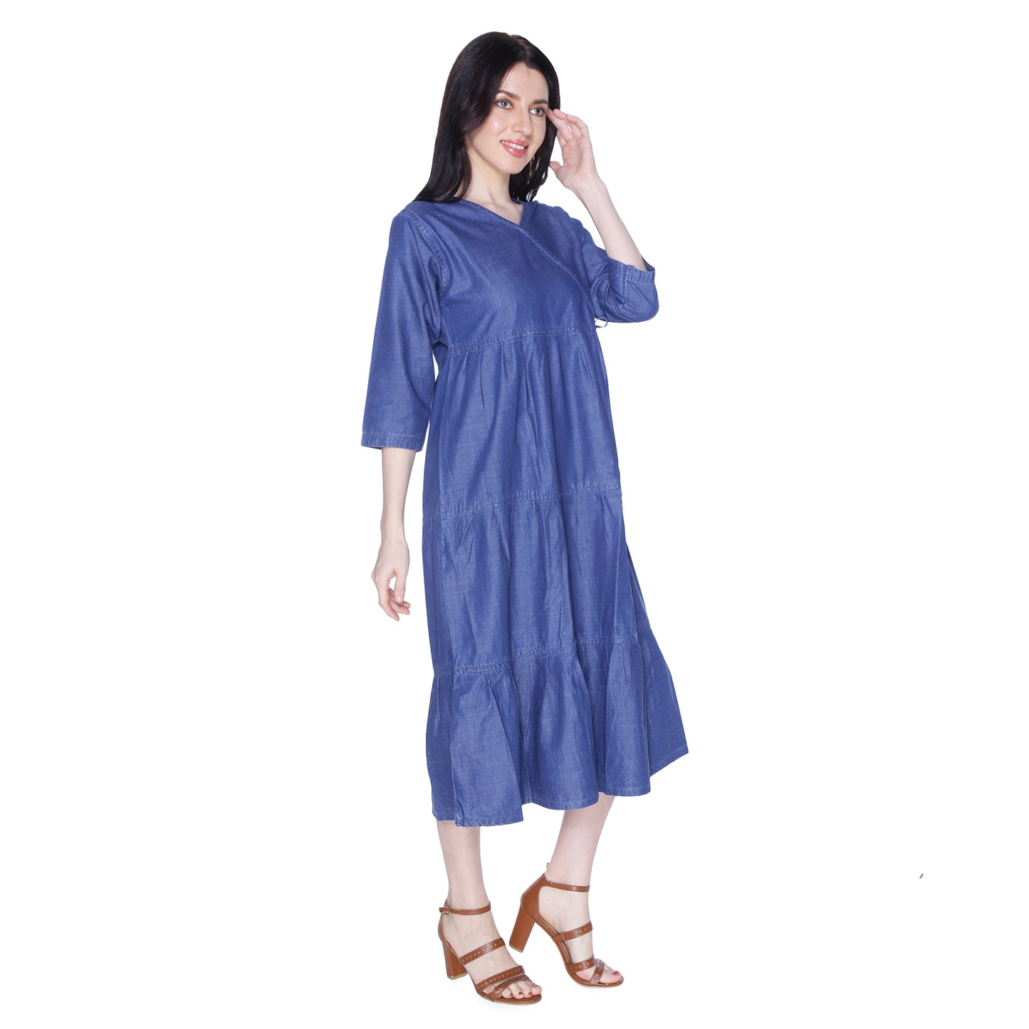 Side view of Cefalu®️ Women’s Blue Denim Cotton Dress, focusing on the flowy Anarkali design and 3/4 sleeves.