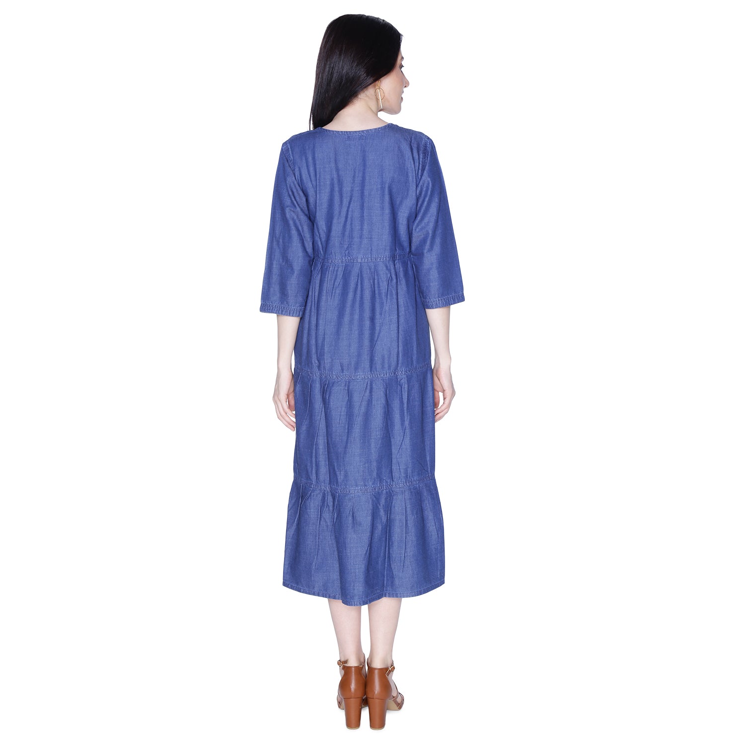 Back view of Cefalu®️ Women’s Blue Denim Cotton Dress, highlighting the calf-length Anarkali cut and solid blue color.