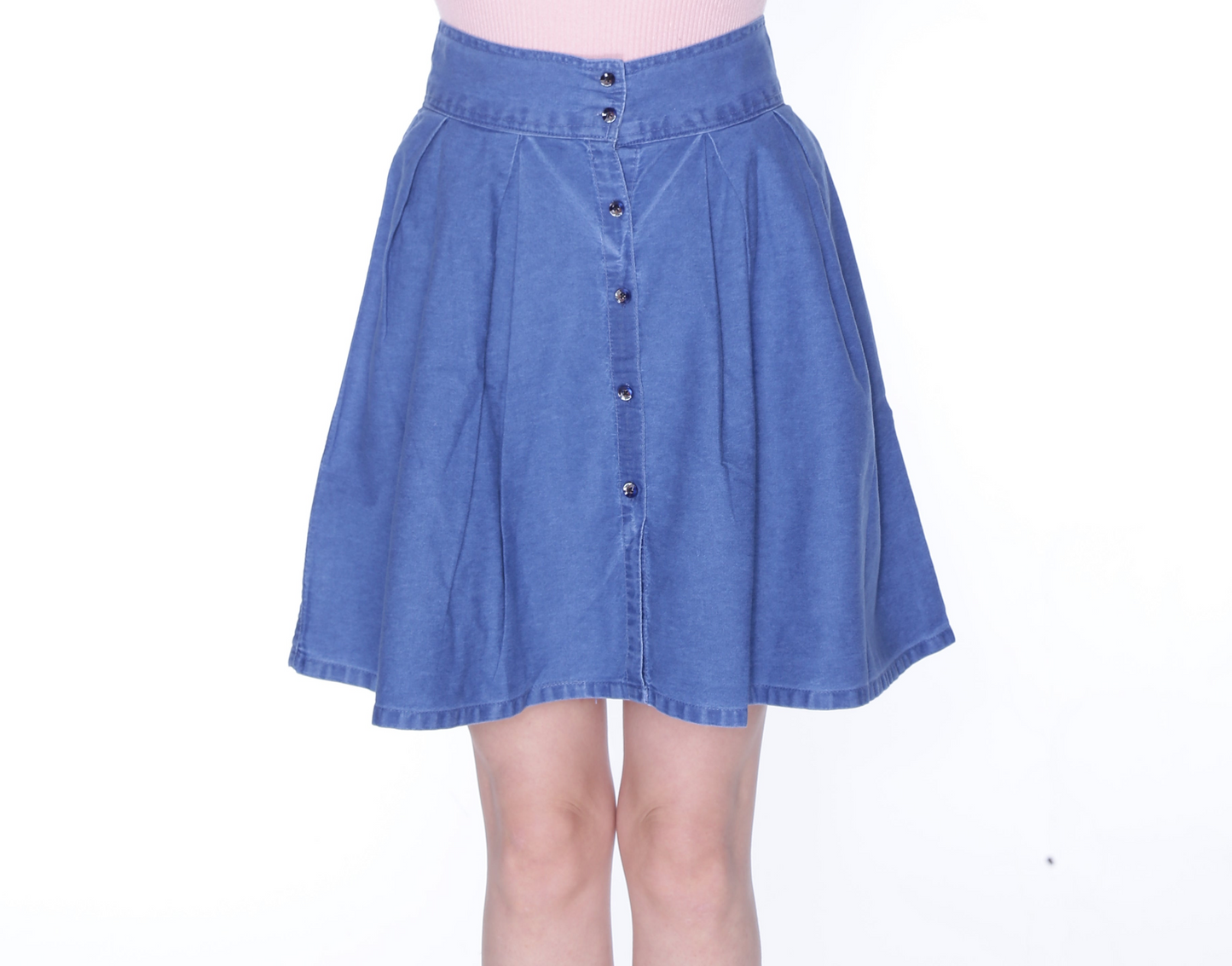 Front view of Cefalu®️ Women’s Blue Denim Mini Skirt, showcasing the mini length and whimsical full open button design.