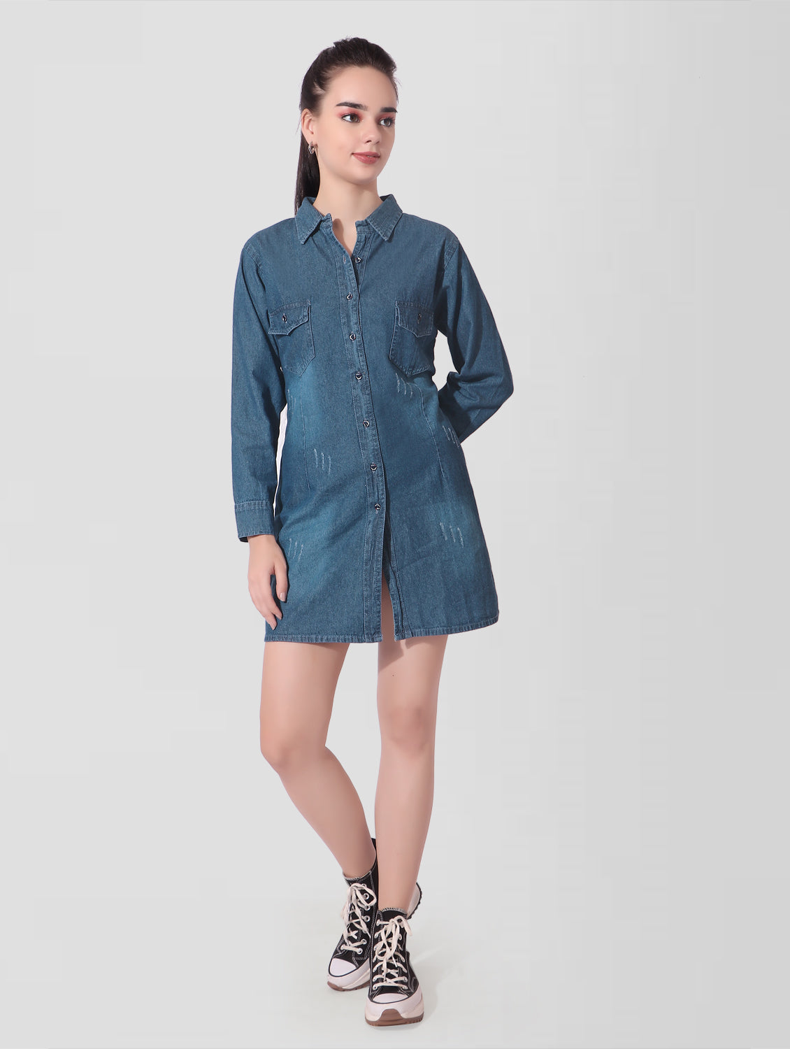 Front view of Women’s Blue Denim Shirt Dress with collared neckline, full button-down front, and knee-length design.