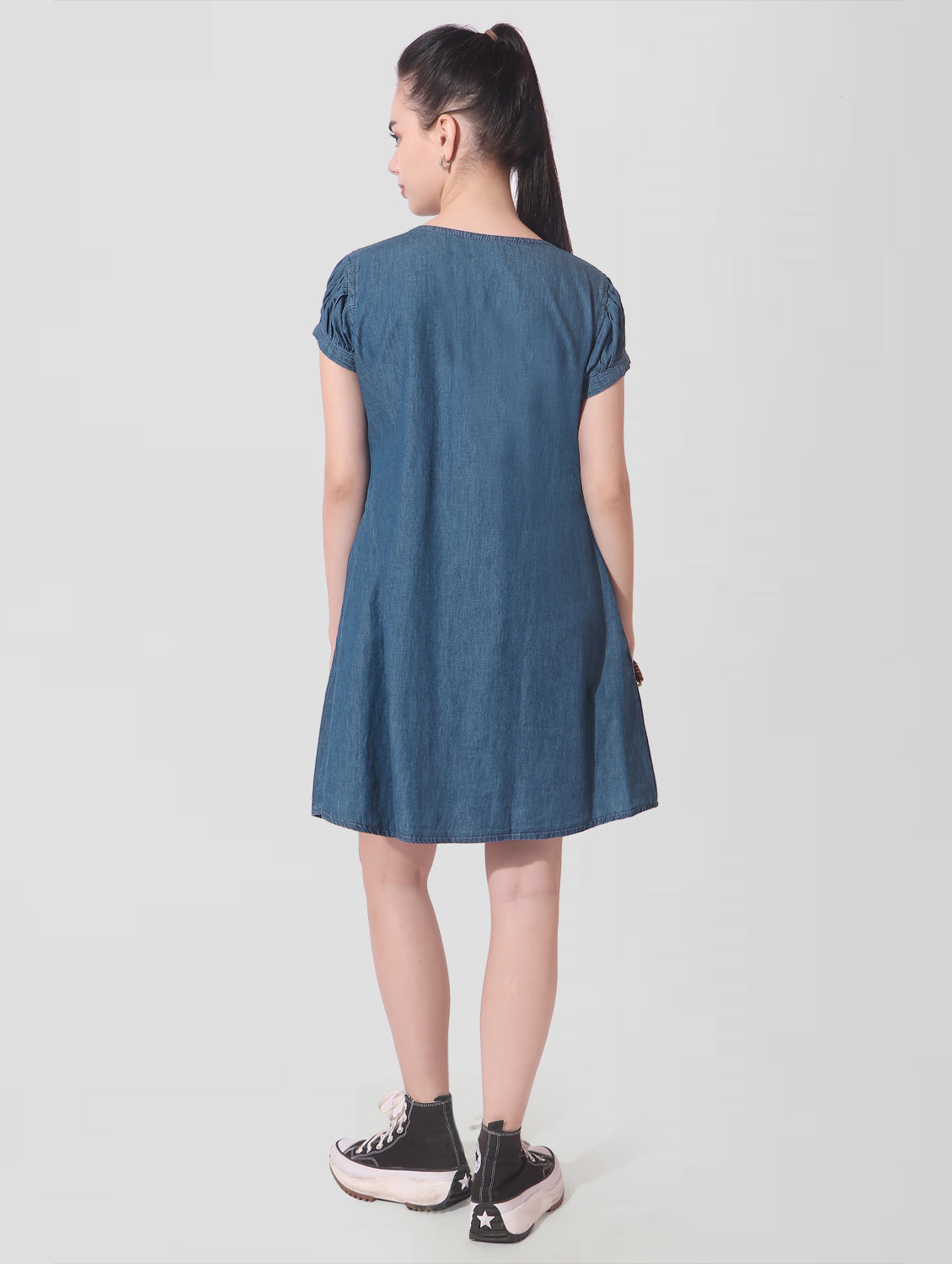 Cefalu®️ Women Fit and Flare Puff Sleeve Blue Dress