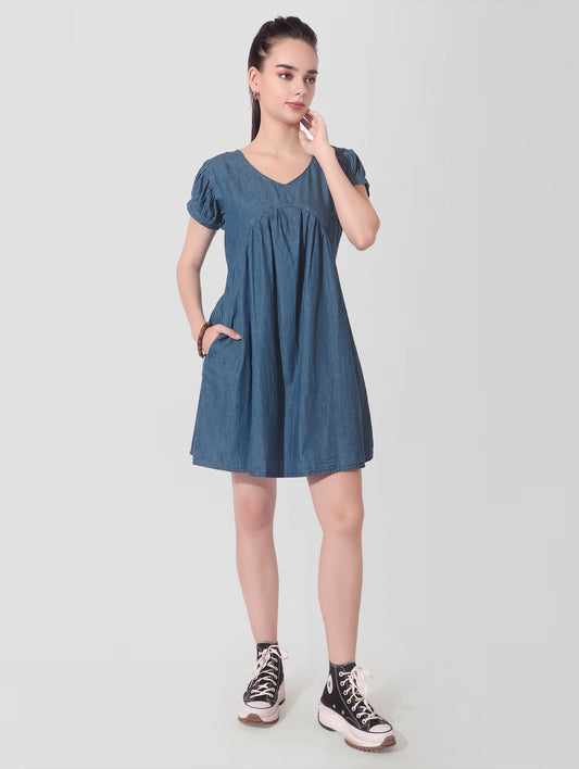 Cefalu®️ Women Fit and Flare Puff Sleeve Blue Dress