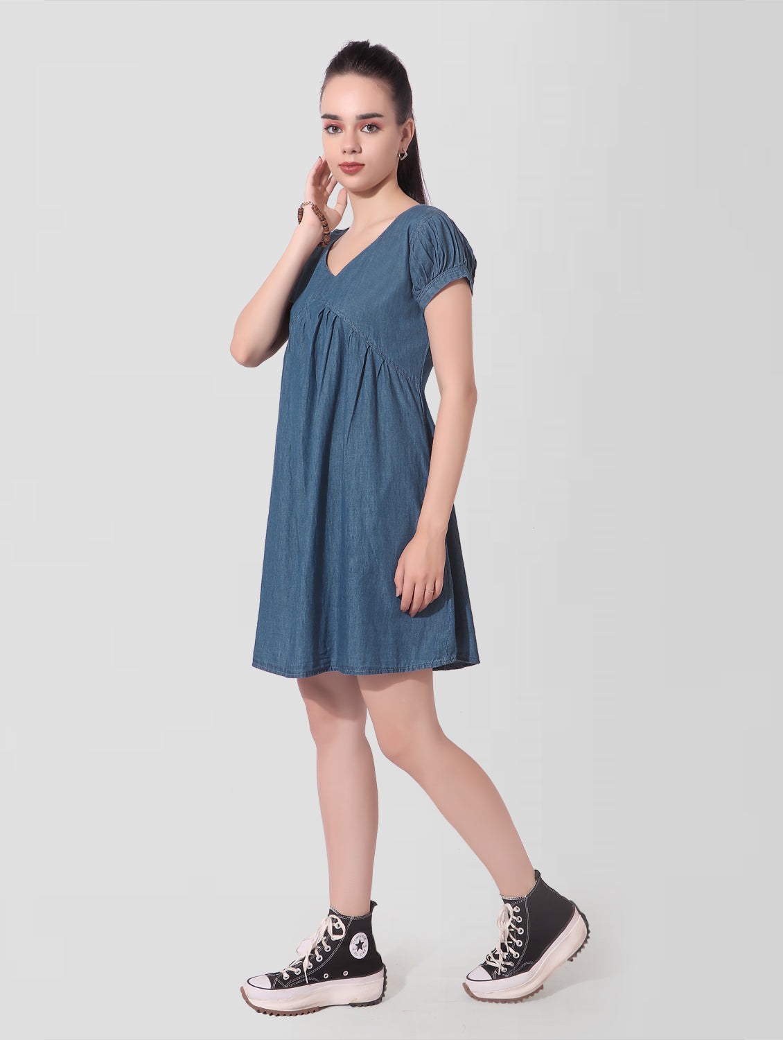 Cefalu®️ Women Fit and Flare Puff Sleeve Blue Dress