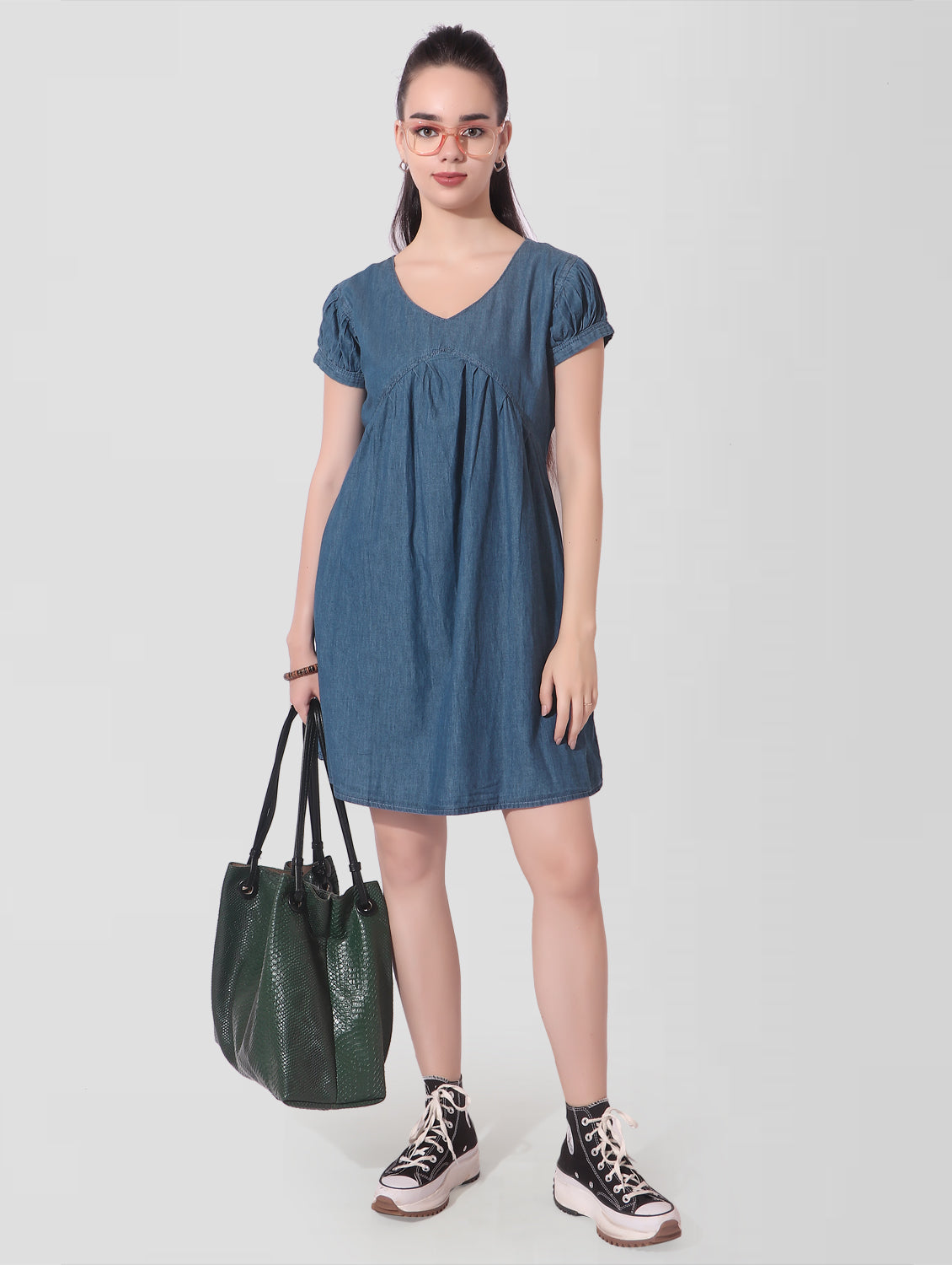 Cefalu®️ Women Fit and Flare Puff Sleeve Blue Dress