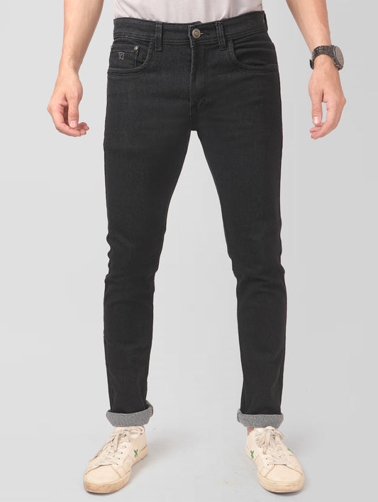 TCI Men’s Black Slim Fit Jeans – Front view showing slim fit, mid-rise design, and 5-pocket layout.