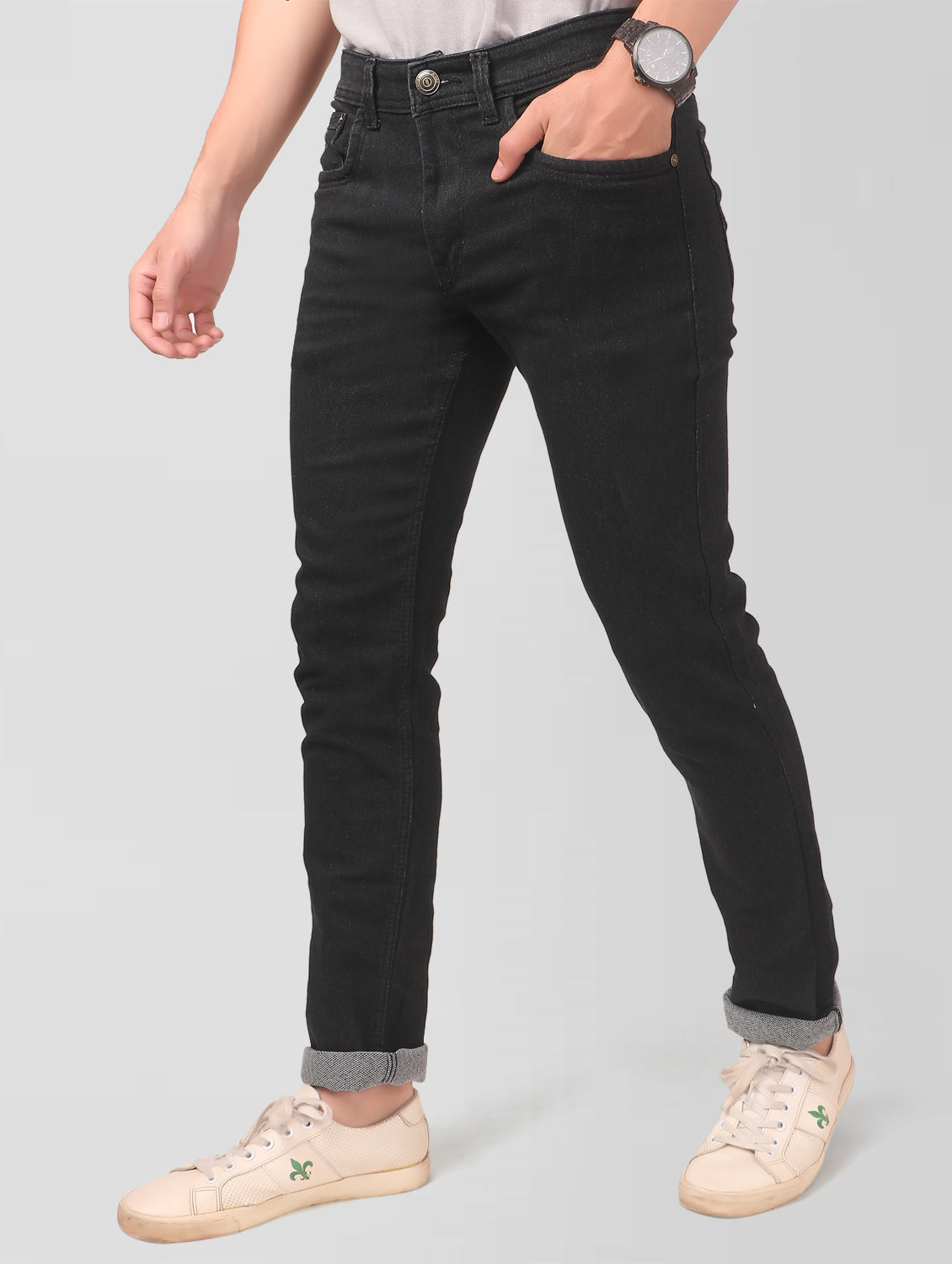 TCI Men’s Black Slim Fit Jeans – Side view demonstrating the sleek slim fit and mid-rise cut.