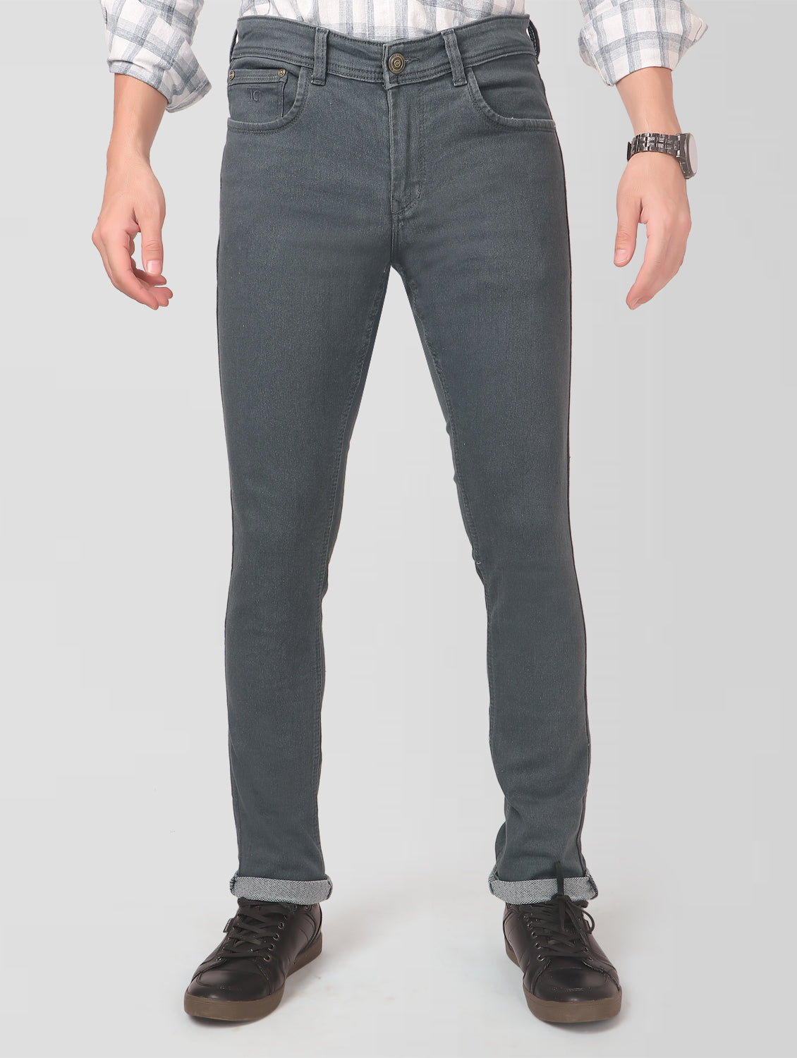 TCI Men’s Grey Slim Fit Jeans – Front view showcasing slim fit, mid-rise design, and 5-pocket layout.