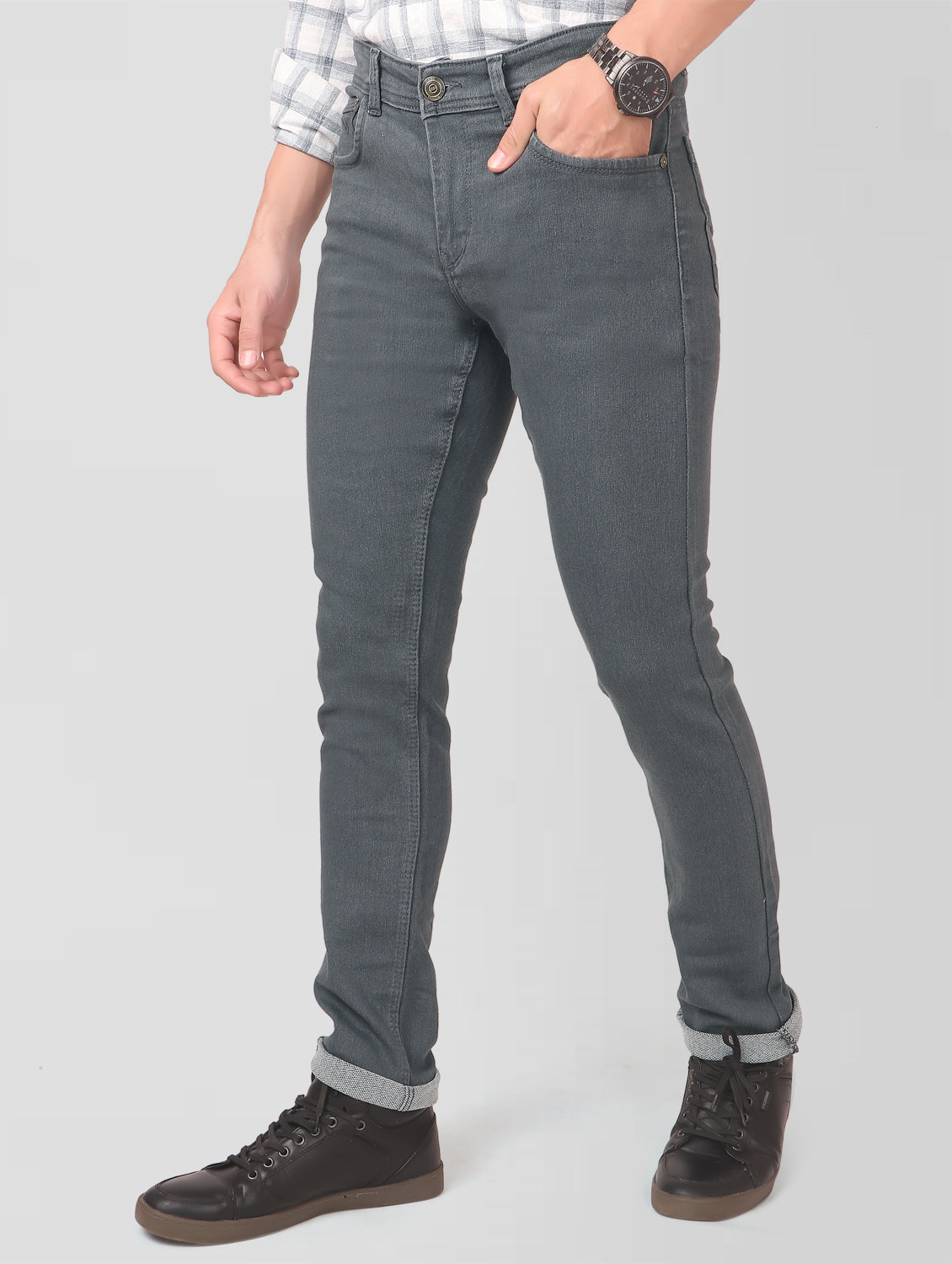 TCI Men’s Grey Slim Fit Jeans – Side view demonstrating the sleek slim fit and mid-rise cut.