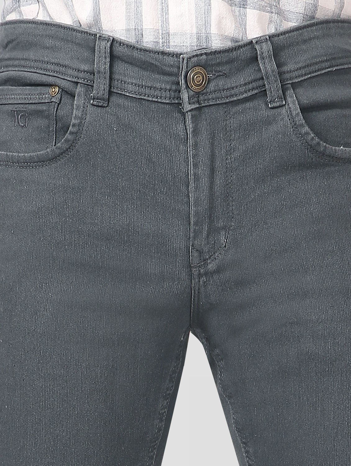 Close-up of TCI Men’s Grey Slim Fit Jeans waistband, featuring belt loops and zip fly with button closure.