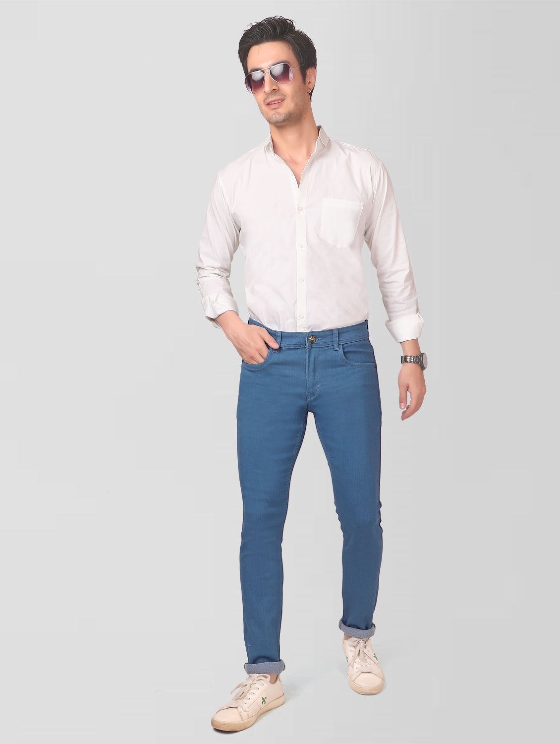 Model wearing TCI Men’s Blue Slim Fit Jeans – showcasing the fit and style from a full-body perspective.