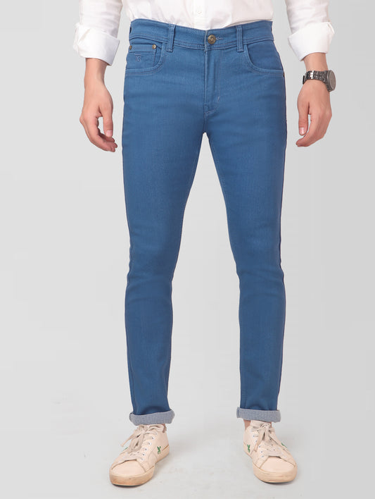 TCI Men’s Blue Slim Fit Jeans – Front view showing slim fit, mid-rise design, and 5-pocket layout.