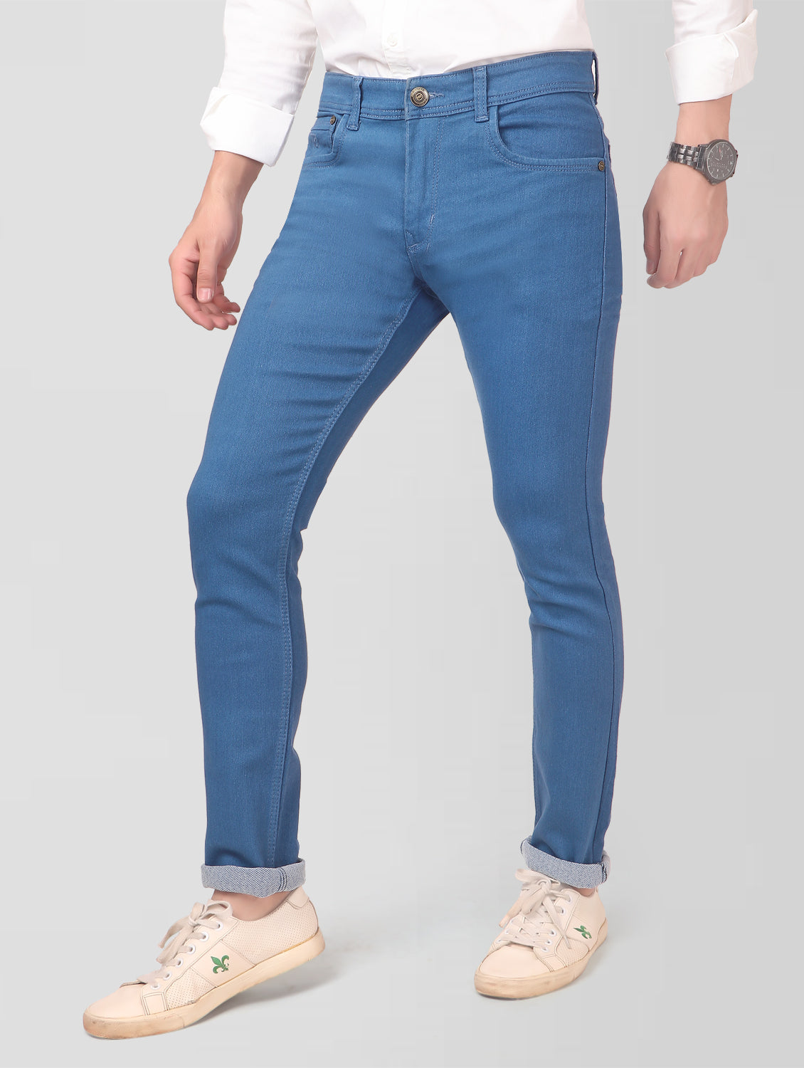 TCI Men’s Blue Slim Fit Jeans – Side view demonstrating the sleek slim fit and mid-rise cut.