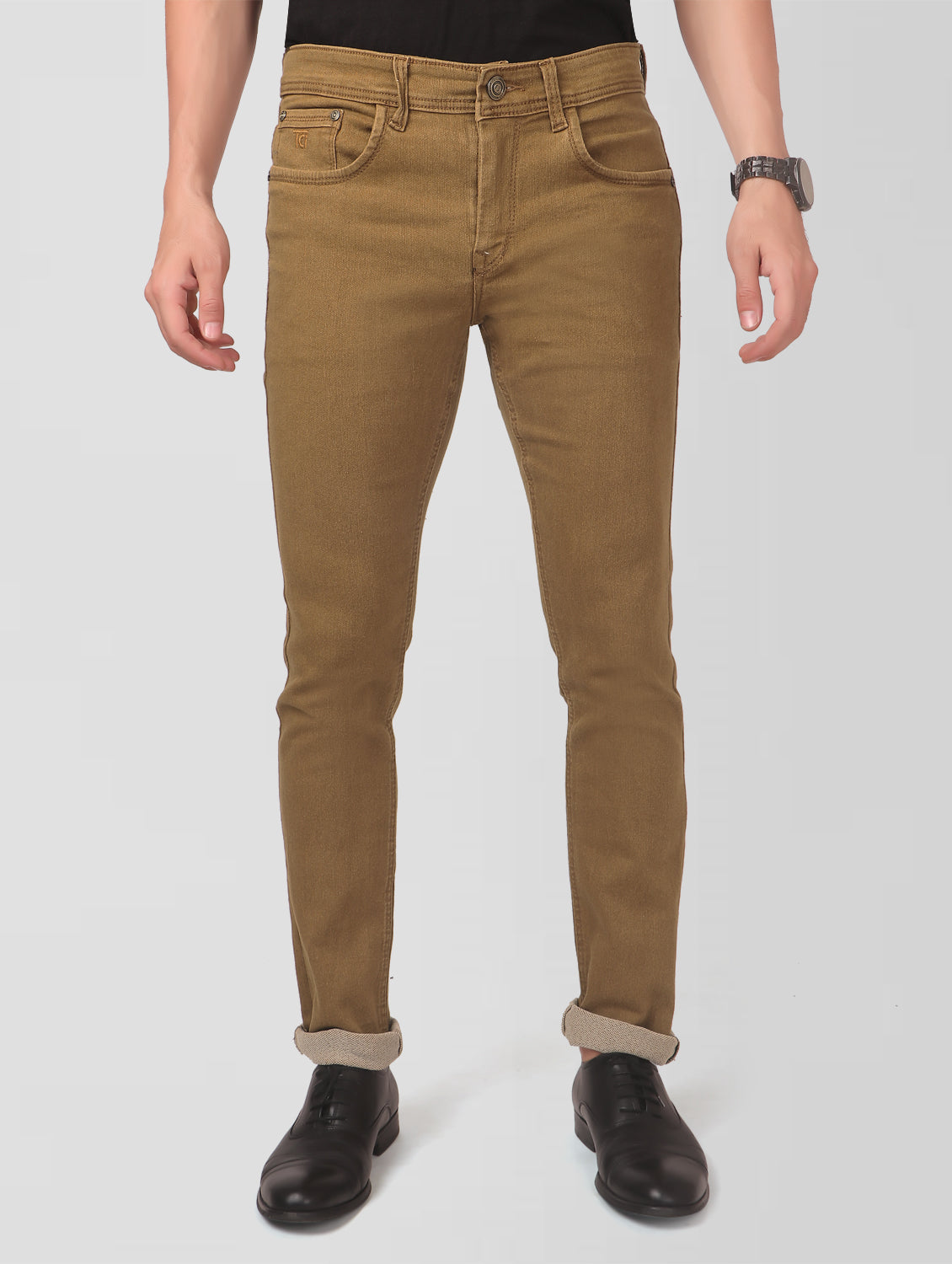 TCI Men’s Golden Brown Slim Fit Jeans – Front view showcasing slim fit, mid rise, and 5-pocket design.